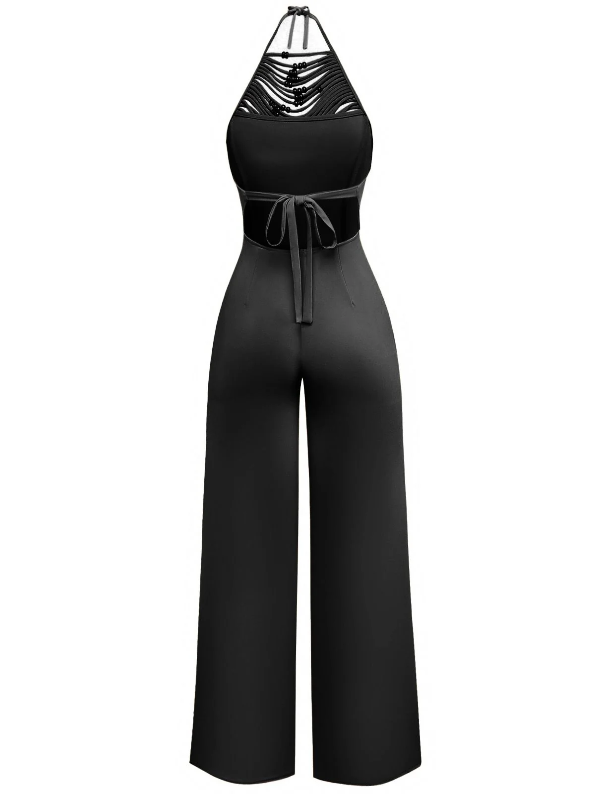 Beige 1960s Beaded Ruched Backless Wide-Leg Jumpsuit - Image 8