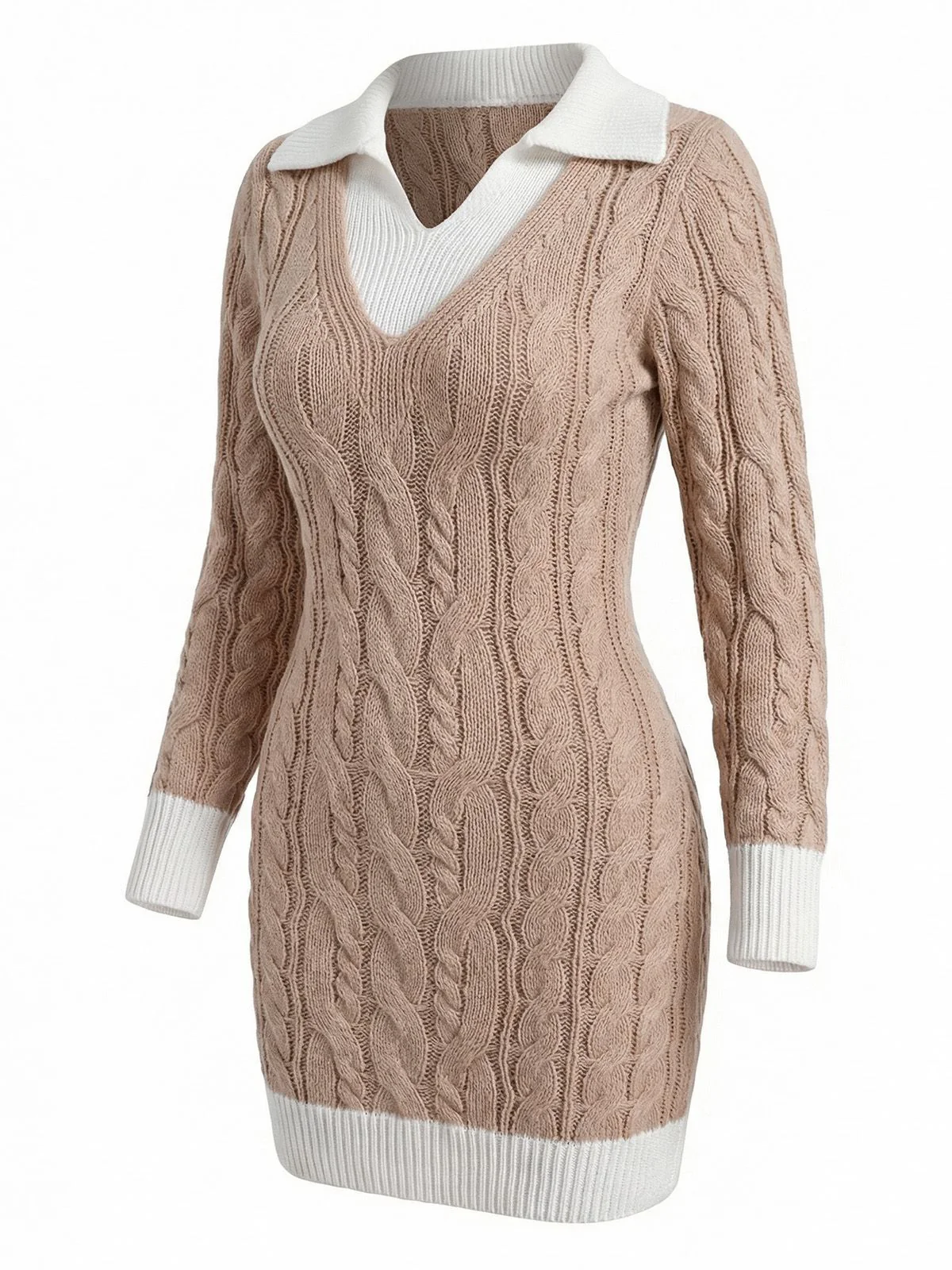 Beige 1960s Cable V-Neck Knit Sweater Bodycon Dress - Image 2