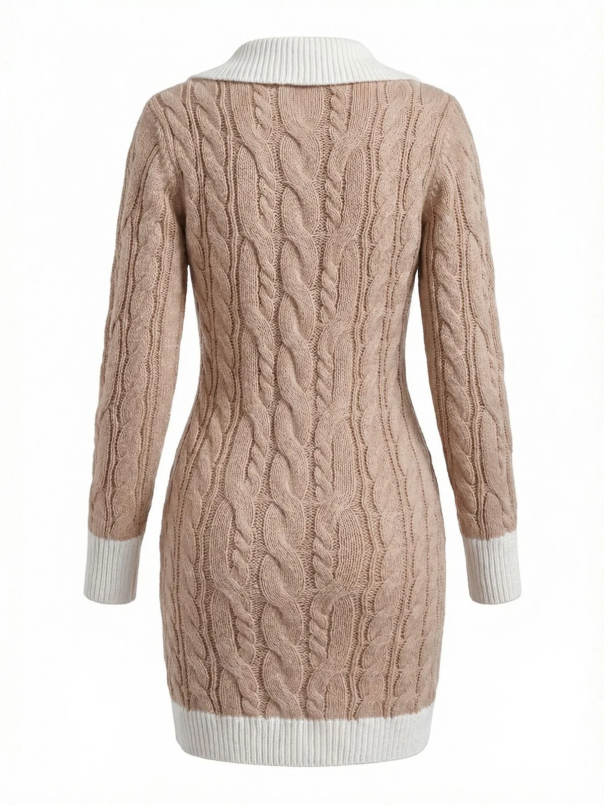 Beige 1960s Cable V-Neck Knit Sweater Bodycon Dress - Image 3