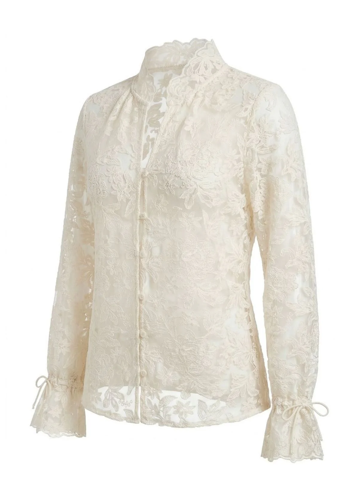 Beige 1960s Lace Cutout Shirt Blouse - Image 2