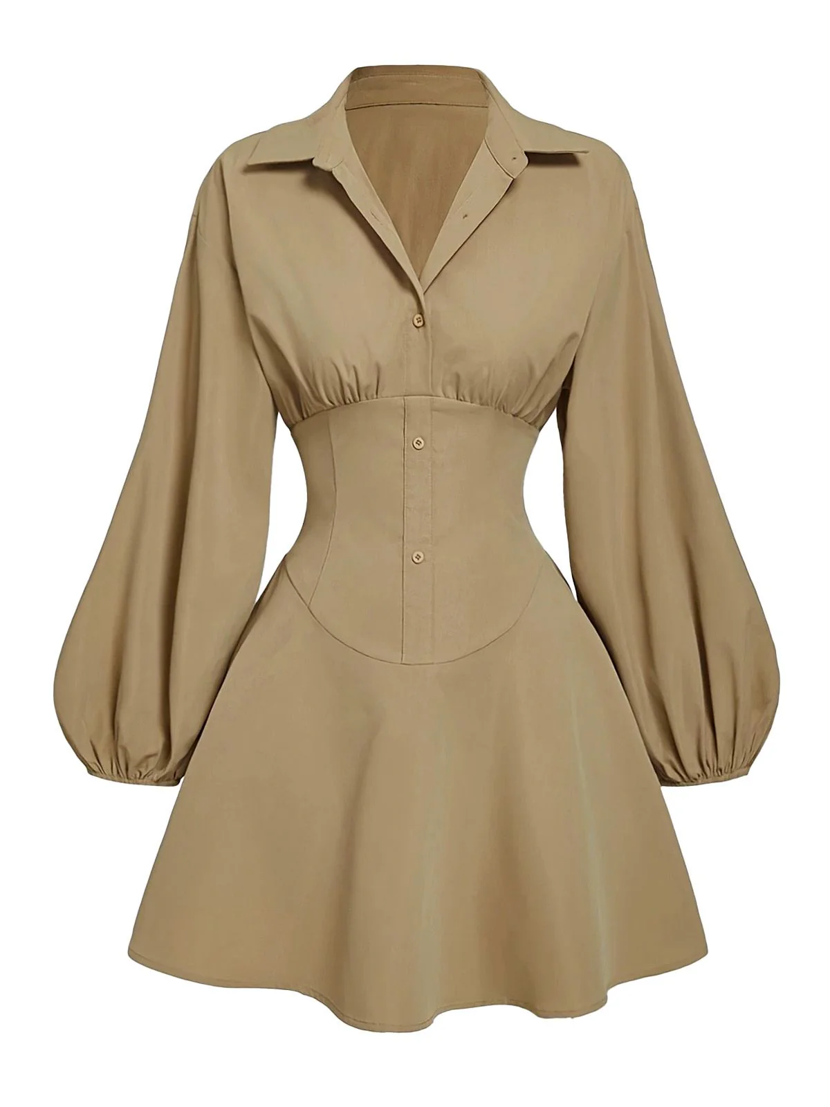 Beige 1960s Puff Sleeves Elastic Cinched Waist Dress - Image 2