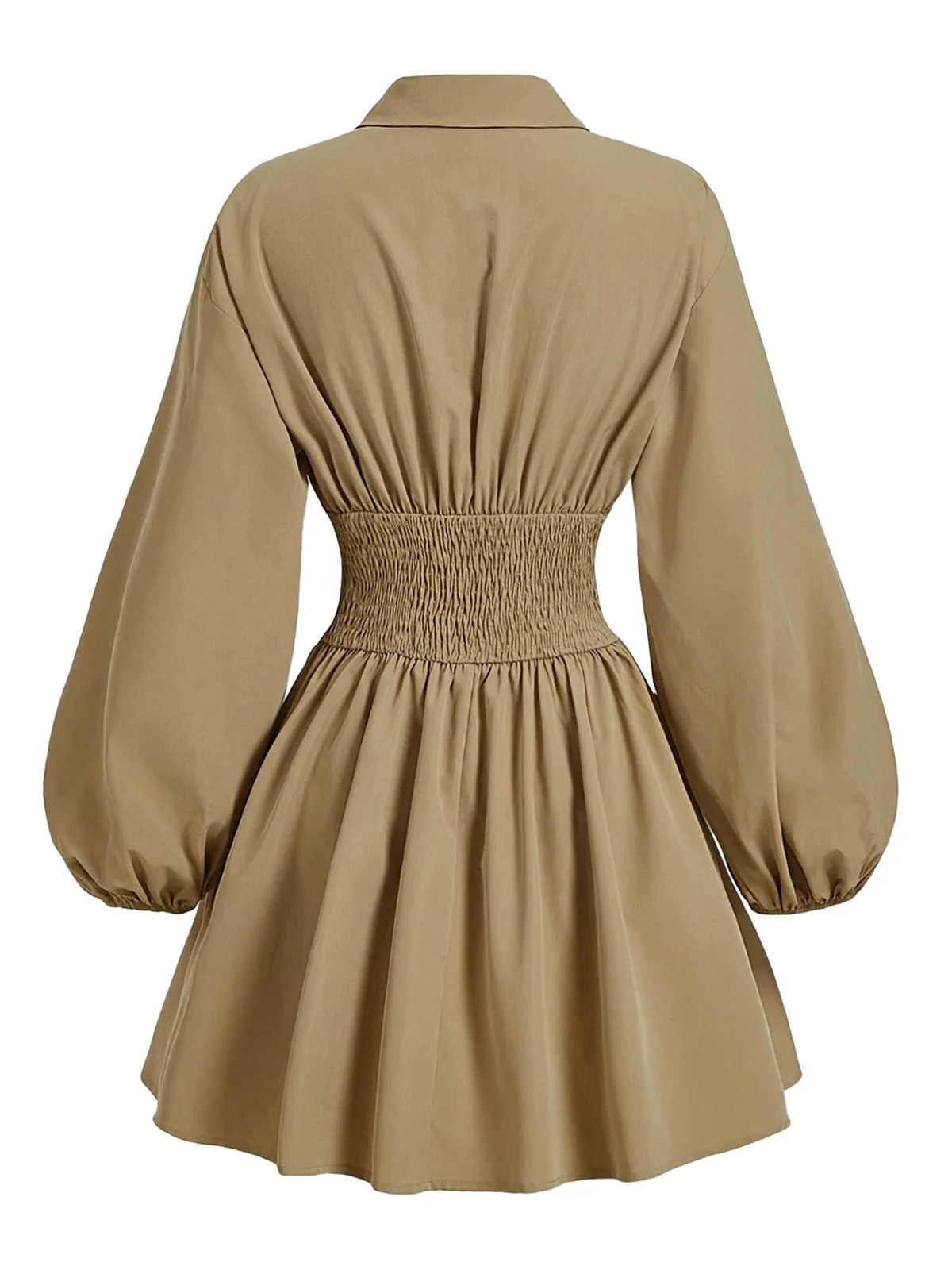 Beige 1960s Puff Sleeves Elastic Cinched Waist Dress - Image 3