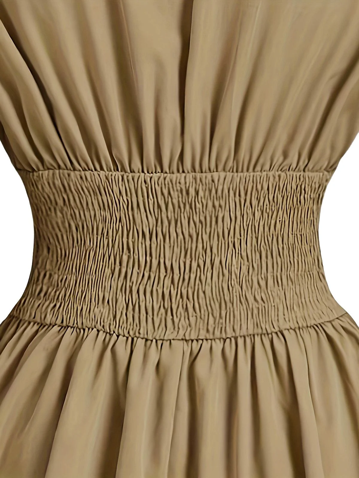 Beige 1960s Puff Sleeves Elastic Cinched Waist Dress - Image 5