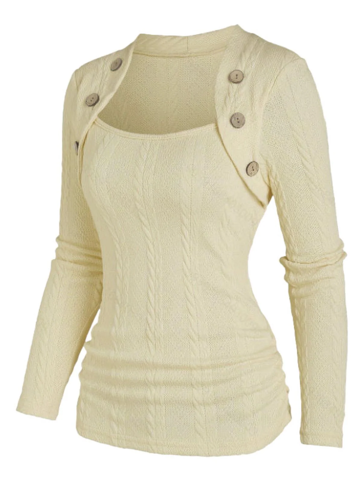 Beige 1960s Solid Faux Button Knitted Sweater - Image 2