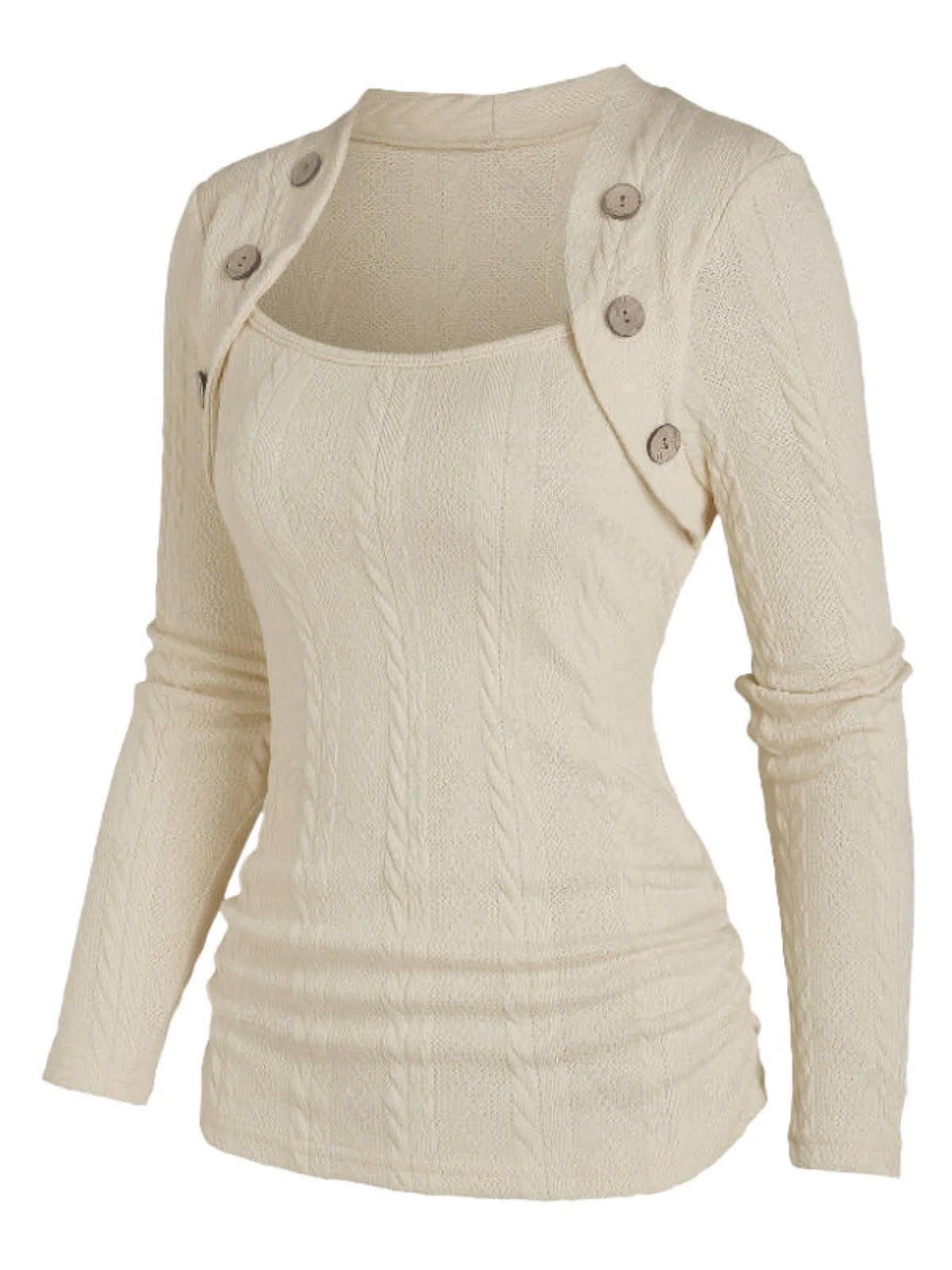 Beige 1960s Solid Faux Button Knitted Sweater - Image 2