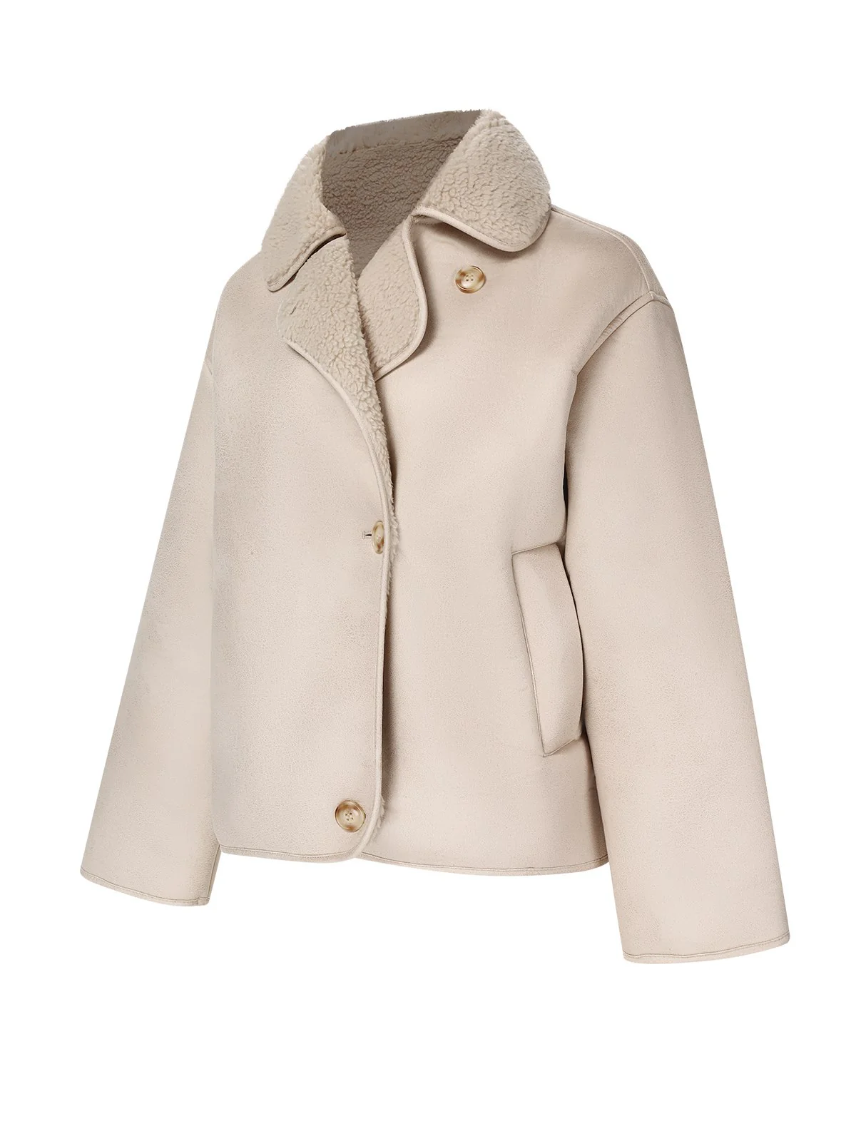 Beige 1960s Solid Polar Fleece Lining Coat - Image 2
