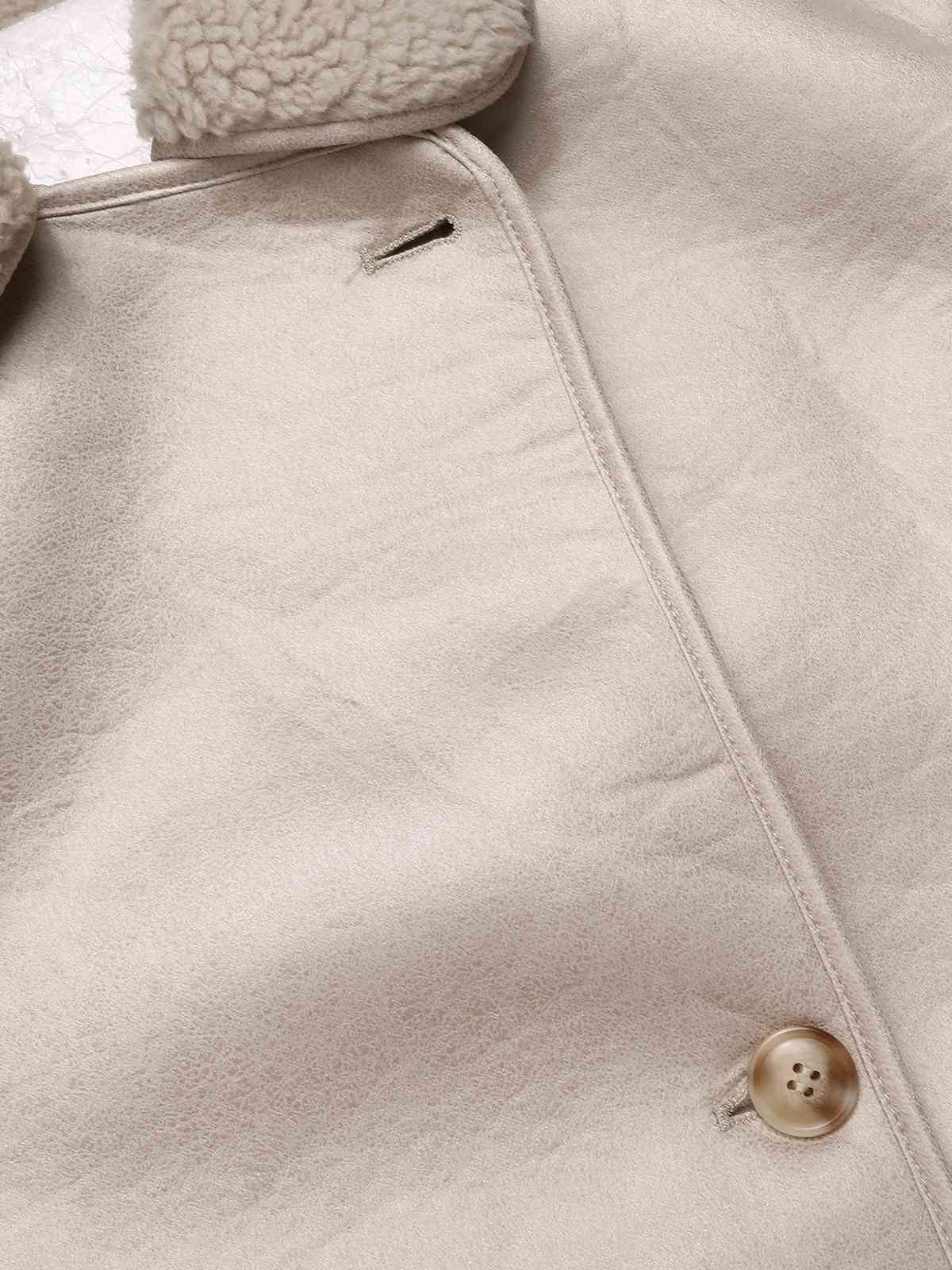 Beige 1960s Solid Polar Fleece Lining Coat - Image 4
