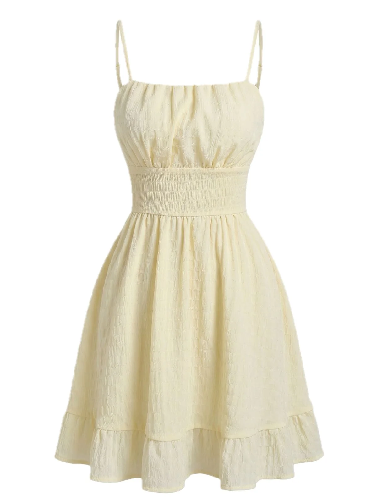 Beige 1960s Solid Ruched Textured Spaghetti Strap Mini Dress - Image 2