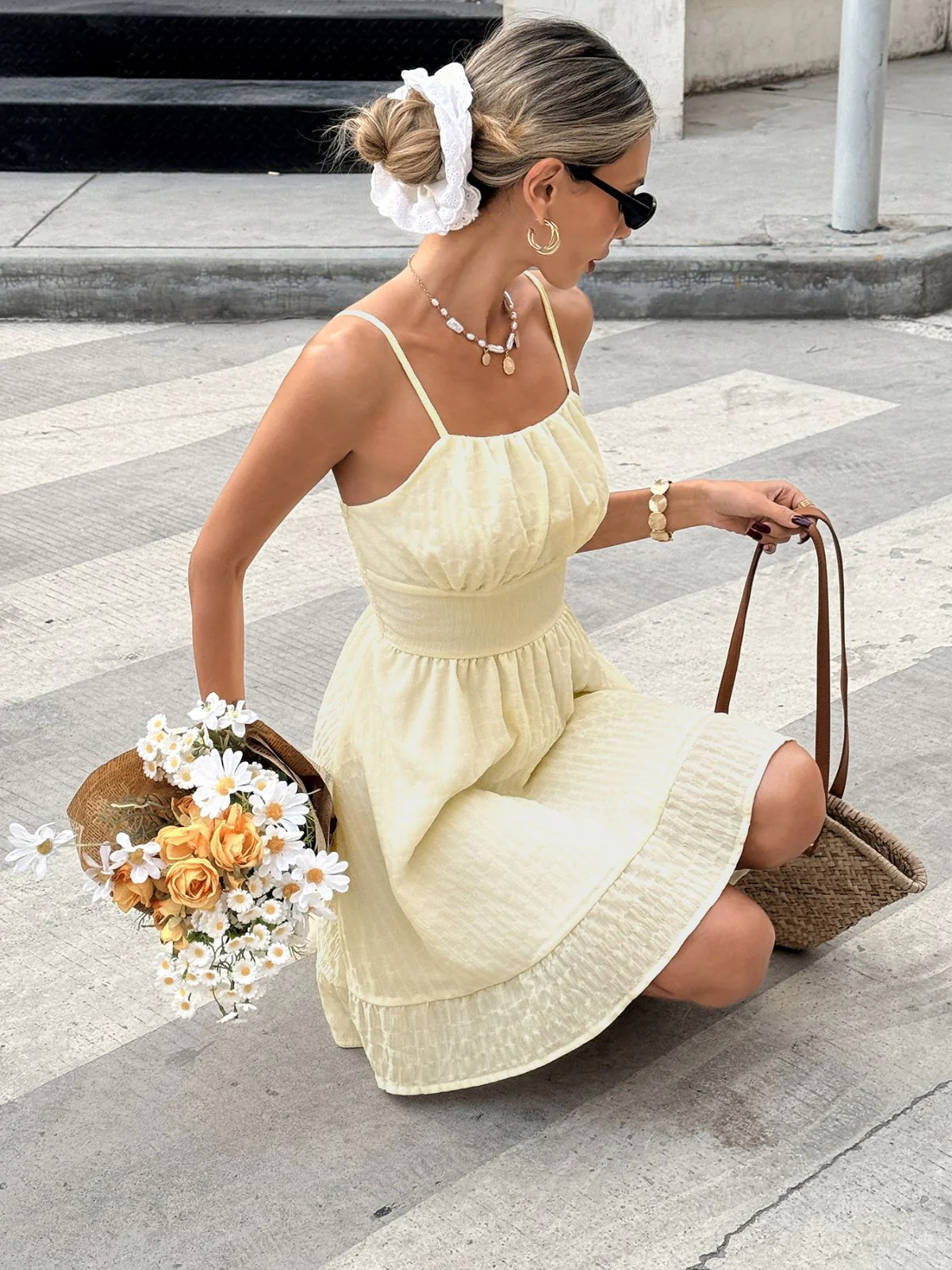 Beige 1960s Solid Ruched Textured Spaghetti Strap Mini Dress - Image 4