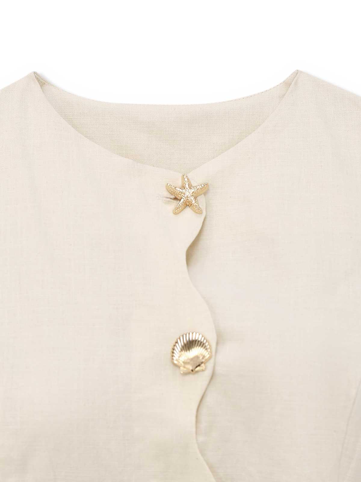 Beige 1960s Starfish Shell Buttons Sleeveless Dress - Image 3