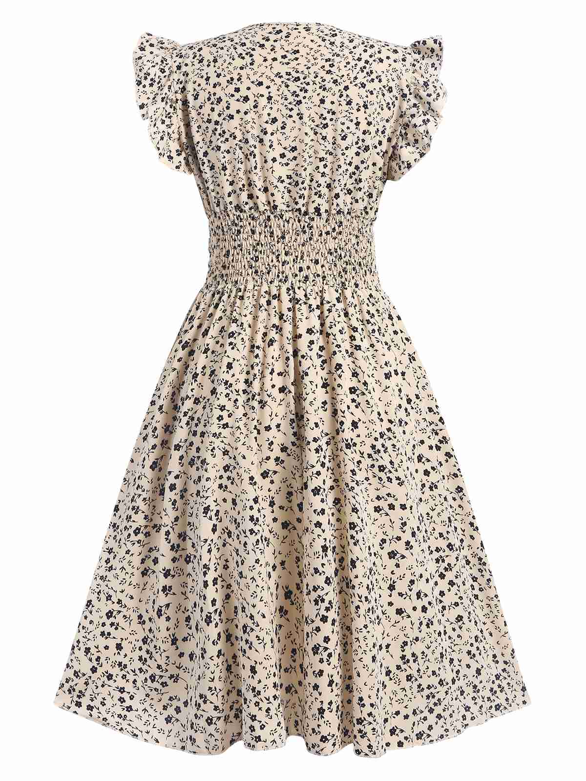 Beige 1960s V-Neck Ruffled Ditsy Floral Dress - Image 2