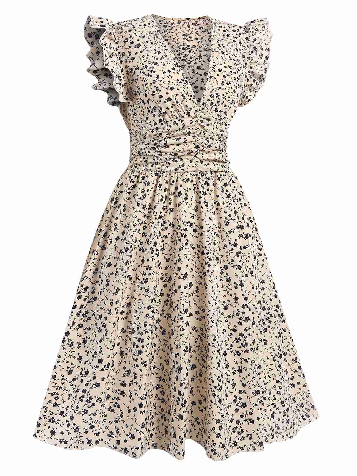 Beige 1960s V-Neck Ruffled Ditsy Floral Dress - Image 3