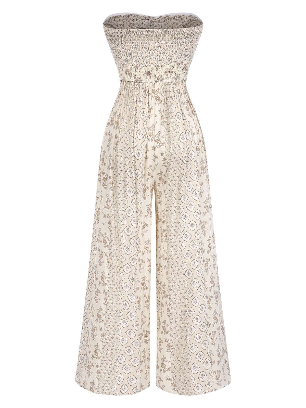 Beige 1970s Bandeau Bow Floral Bohemian Jumpsuit - Image 2