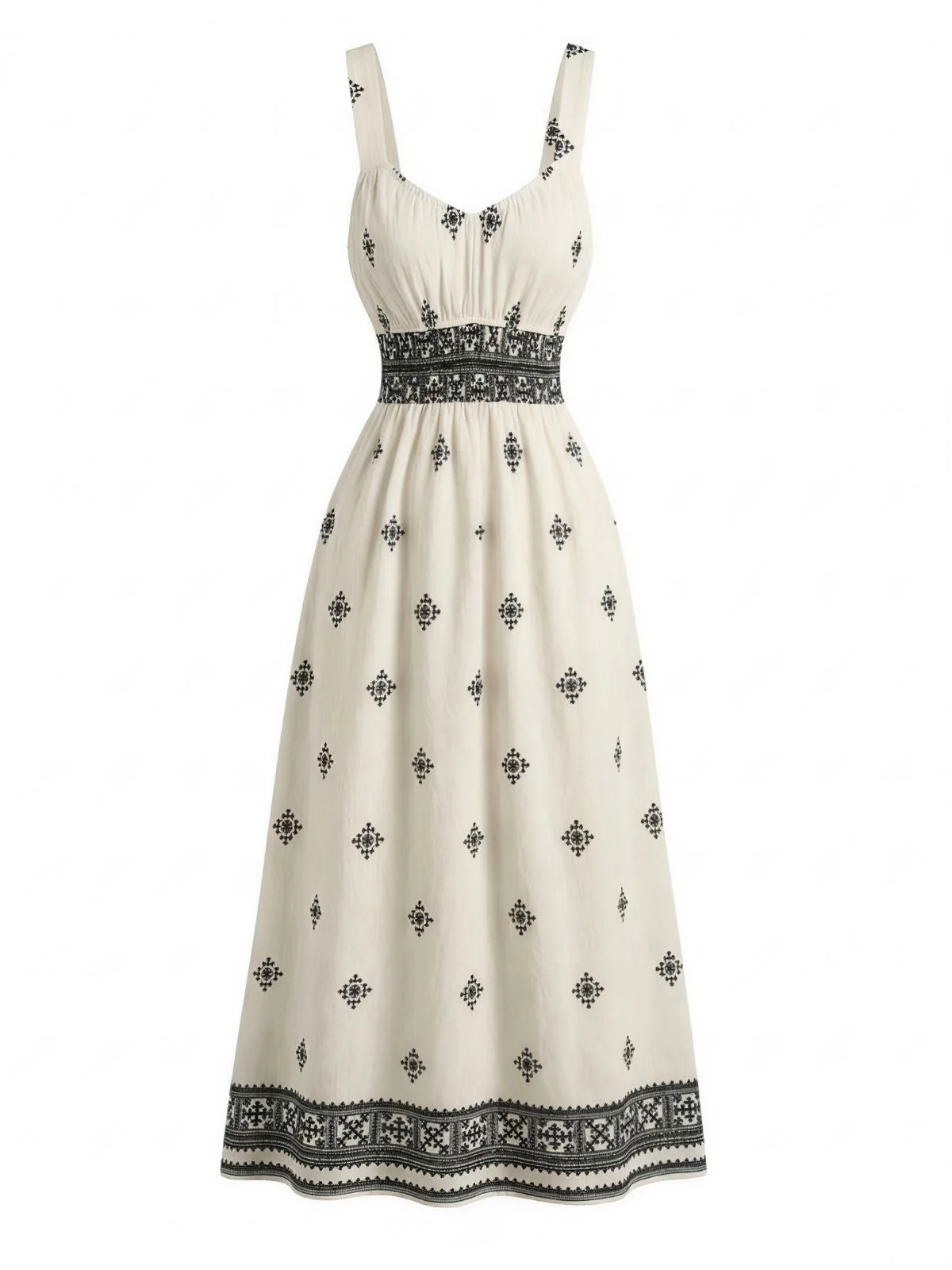 Beige 1970s Bohemian Wide-Strap Ruched Dress - Image 4