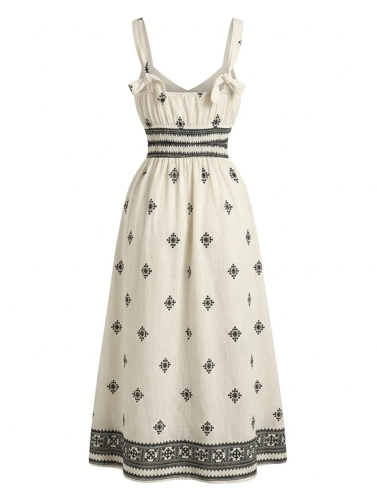 Beige 1970s Bohemian Wide-Strap Ruched Dress - Image 5