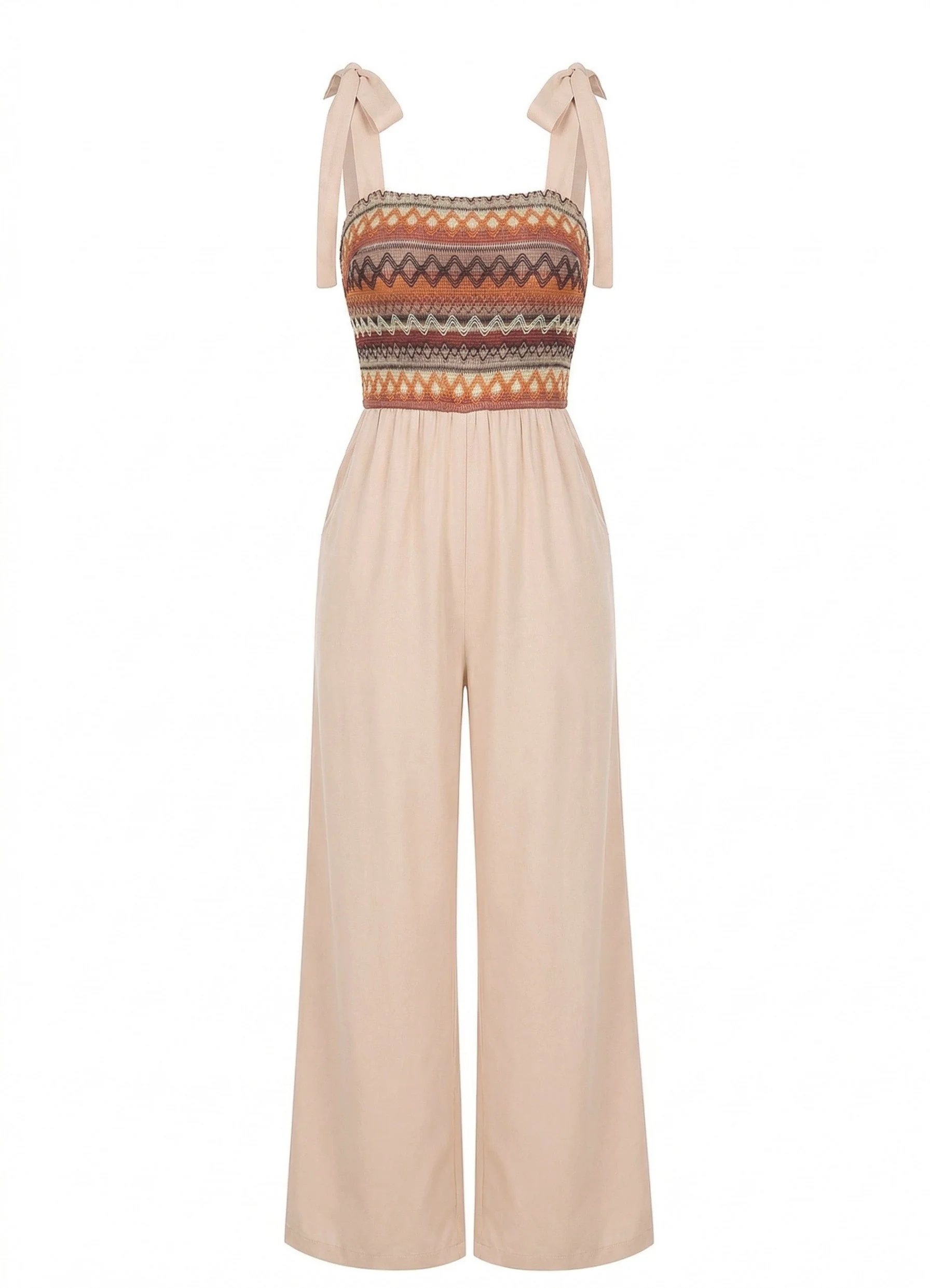 Beige 1970s Boho Tie Spaghetti Strap Jumpsuit - Image 2