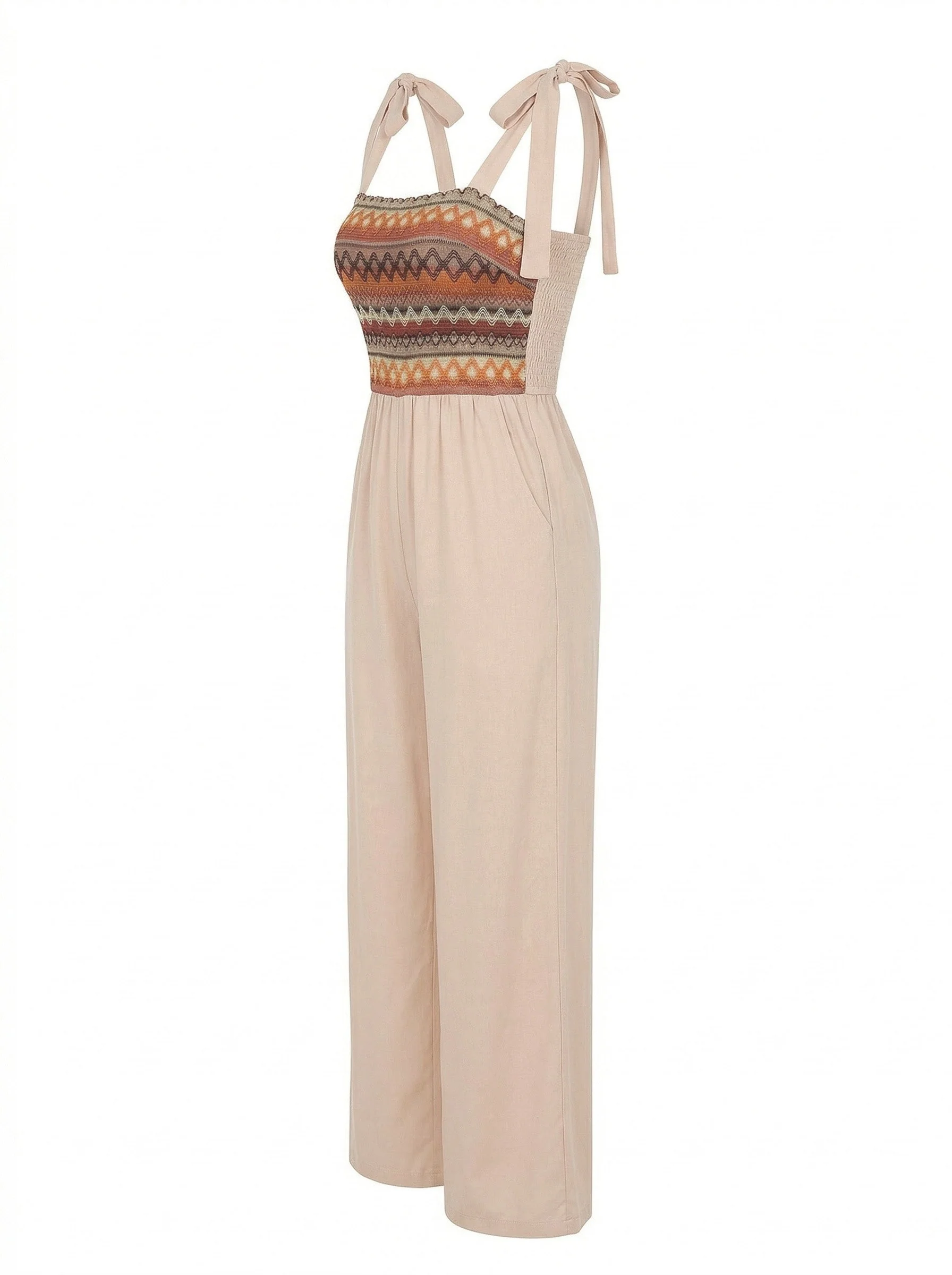Beige 1970s Boho Tie Spaghetti Strap Jumpsuit - Image 3