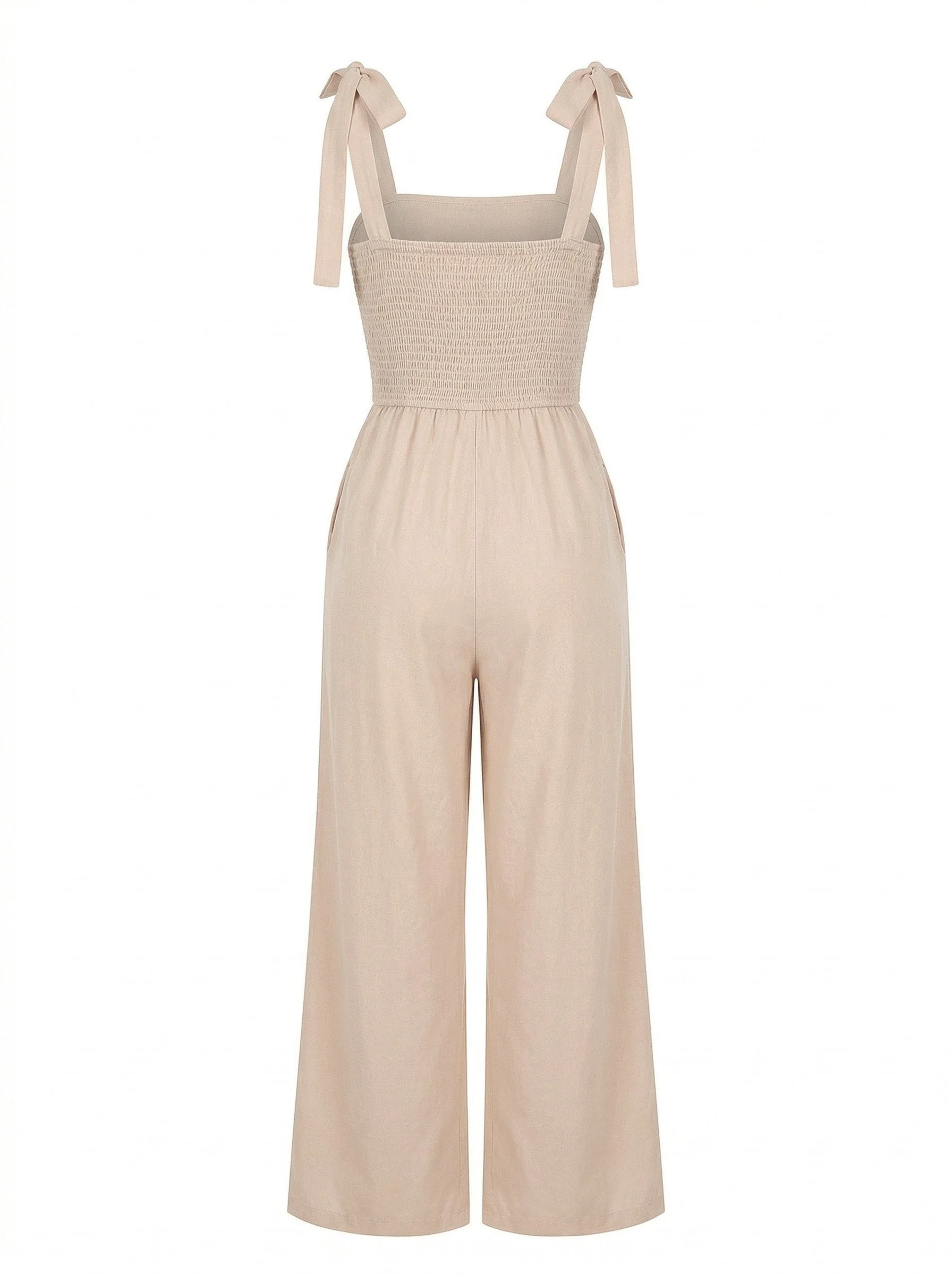 Beige 1970s Boho Tie Spaghetti Strap Jumpsuit - Image 4