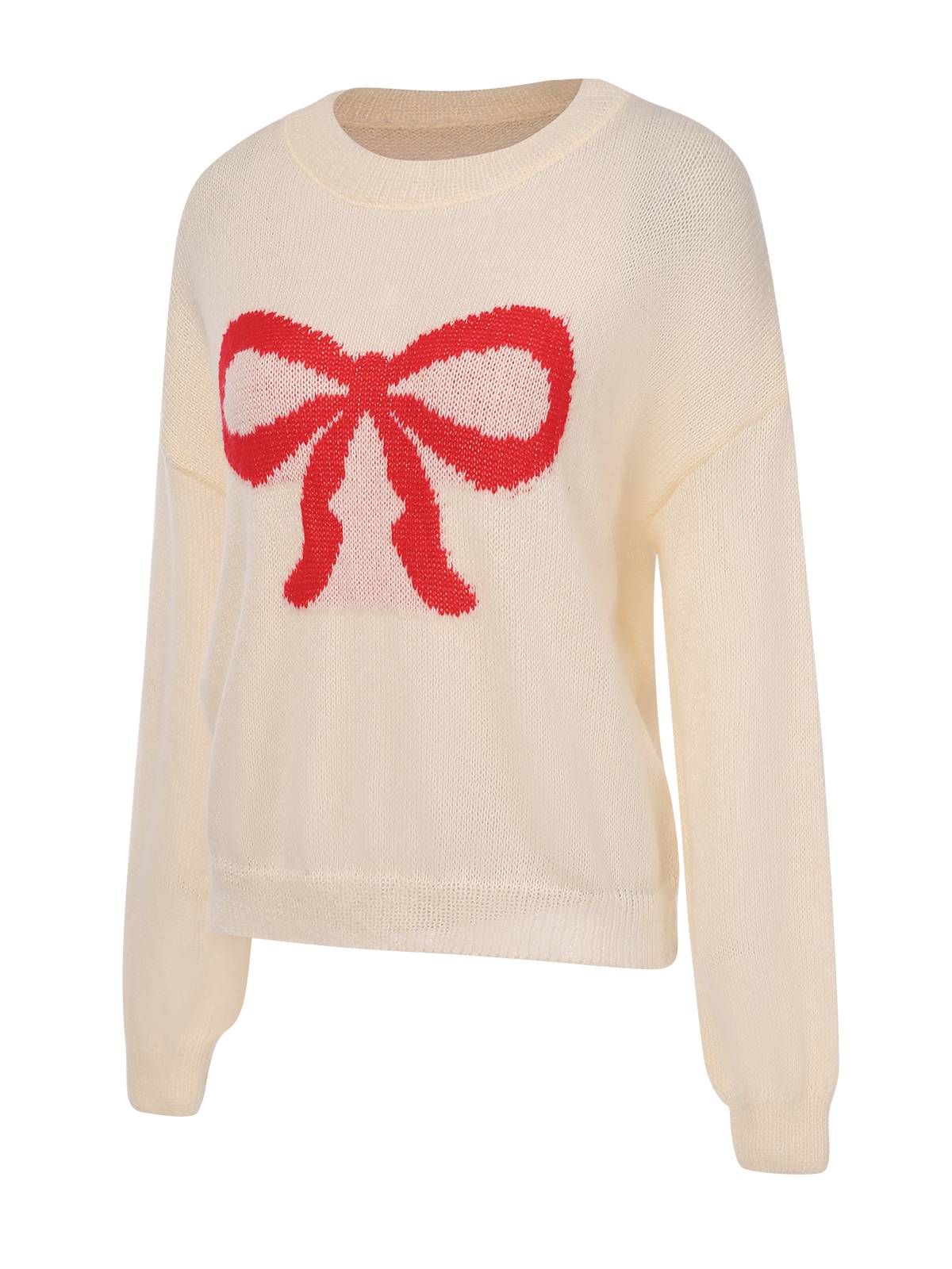 Beige 1970s Christmas Bow Pattern Sweater - Image 2