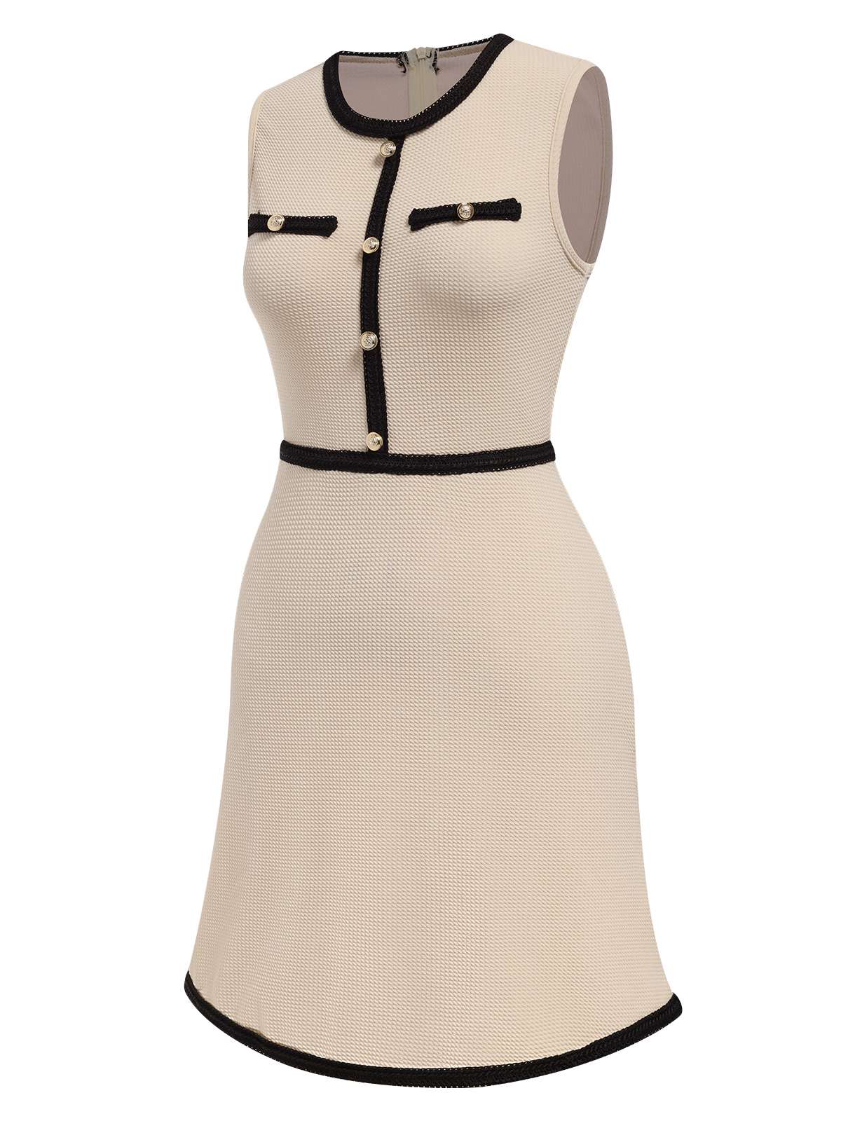 Beige 1970s Contrast Binding Sleeveless Dress - Image 2