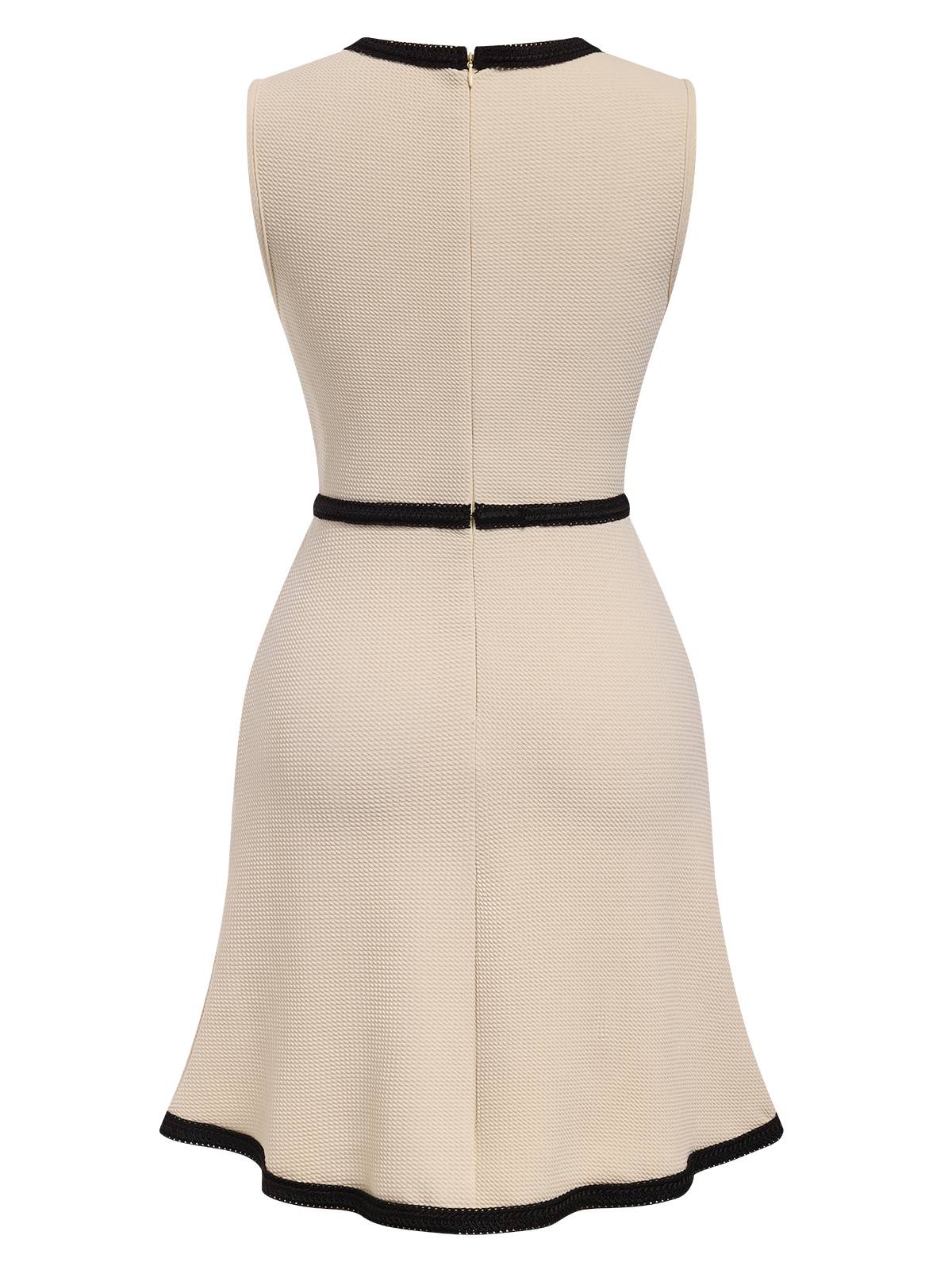 Beige 1970s Contrast Binding Sleeveless Dress - Image 3