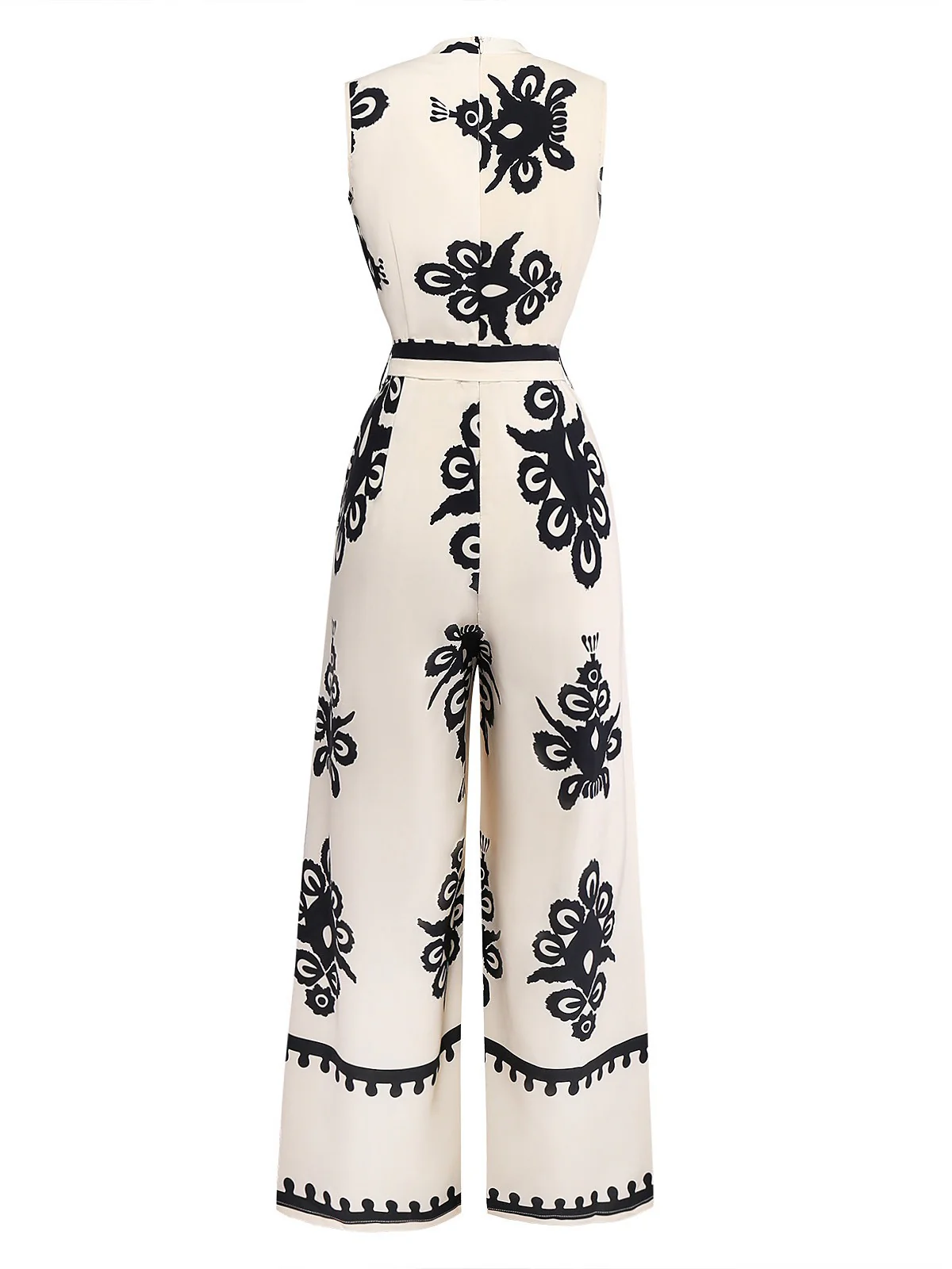 Beige 1970s Deep V-Neck Ethnic Print Jumpsuit - Image 2