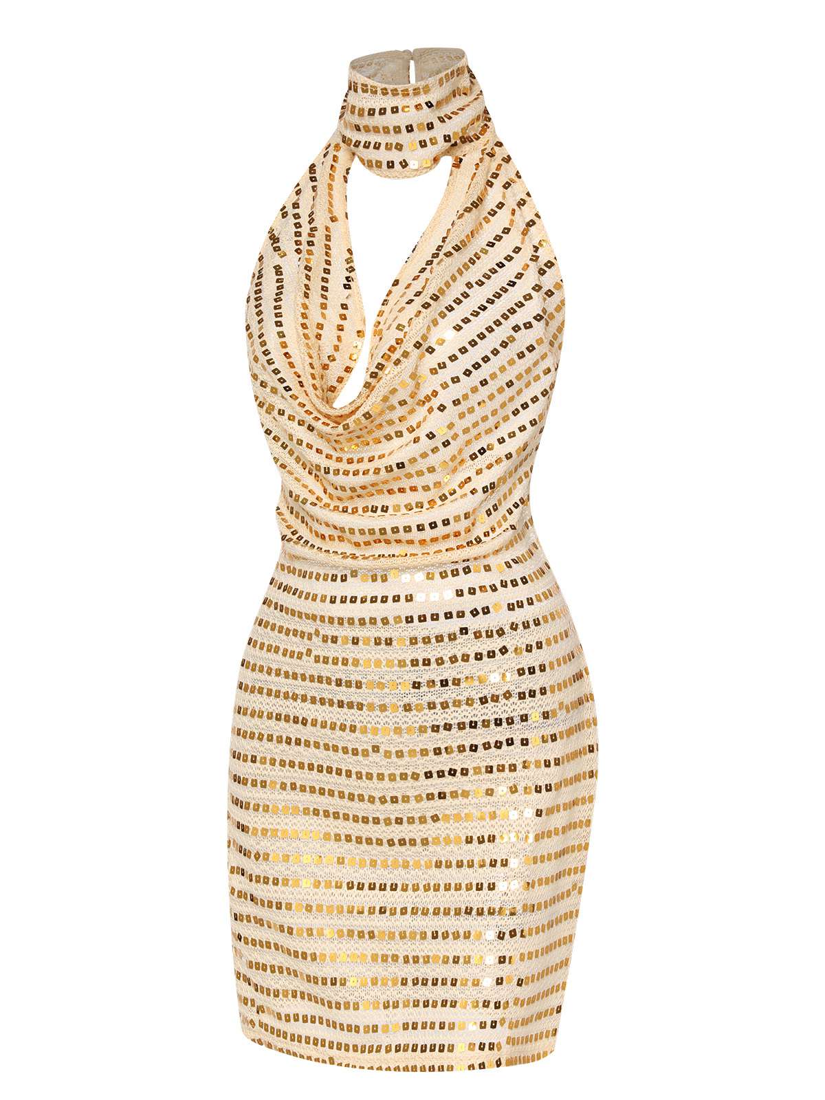 Beige 1970s Deep V-Neck Sequined Dress - Image 3