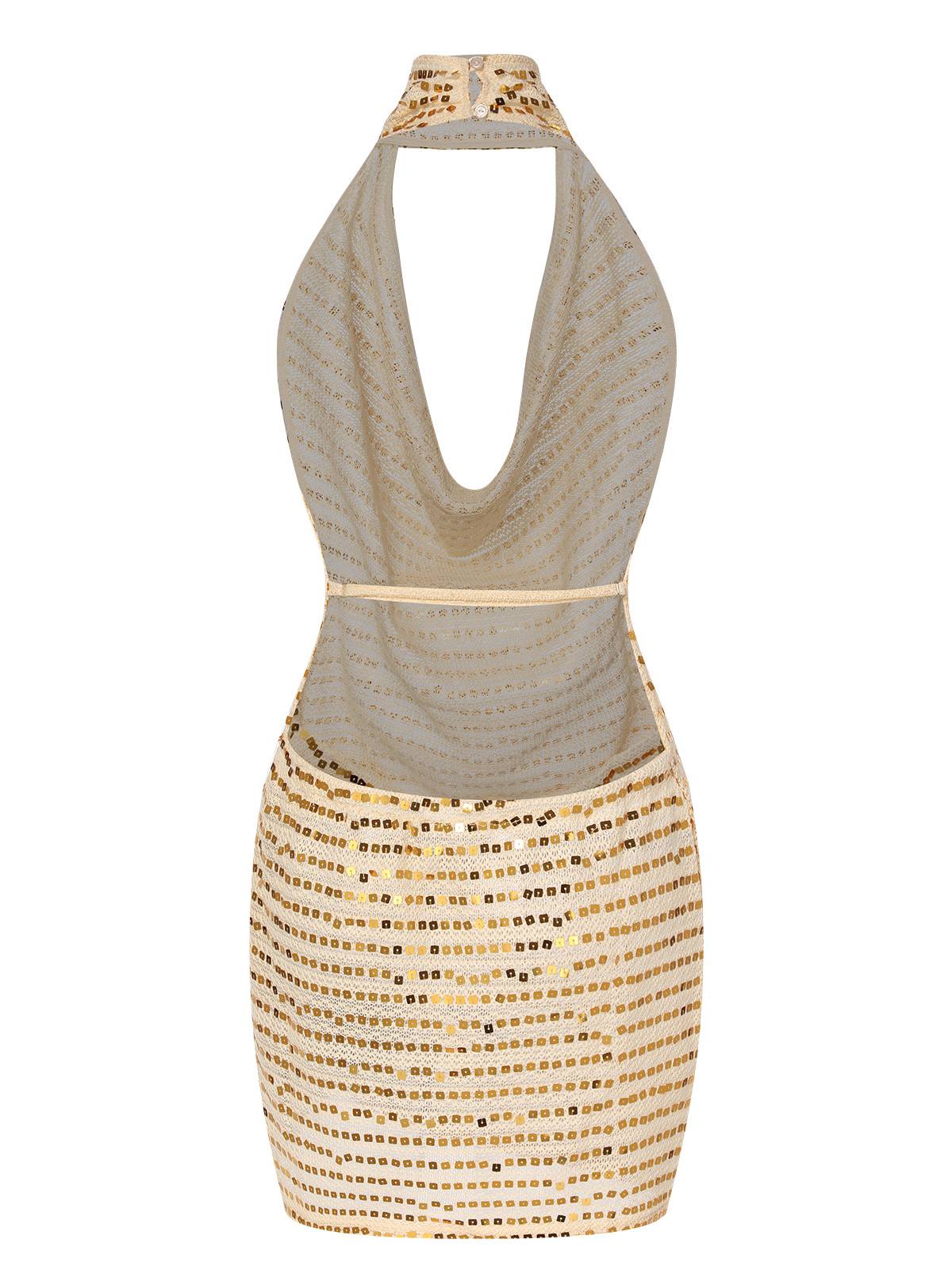 Beige 1970s Deep V-Neck Sequined Dress - Image 4