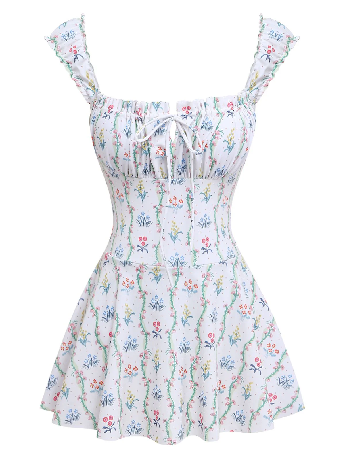 White 1970s Floral Ruffle Cap-Sleeve Square-Neck Swimdress - Image 2