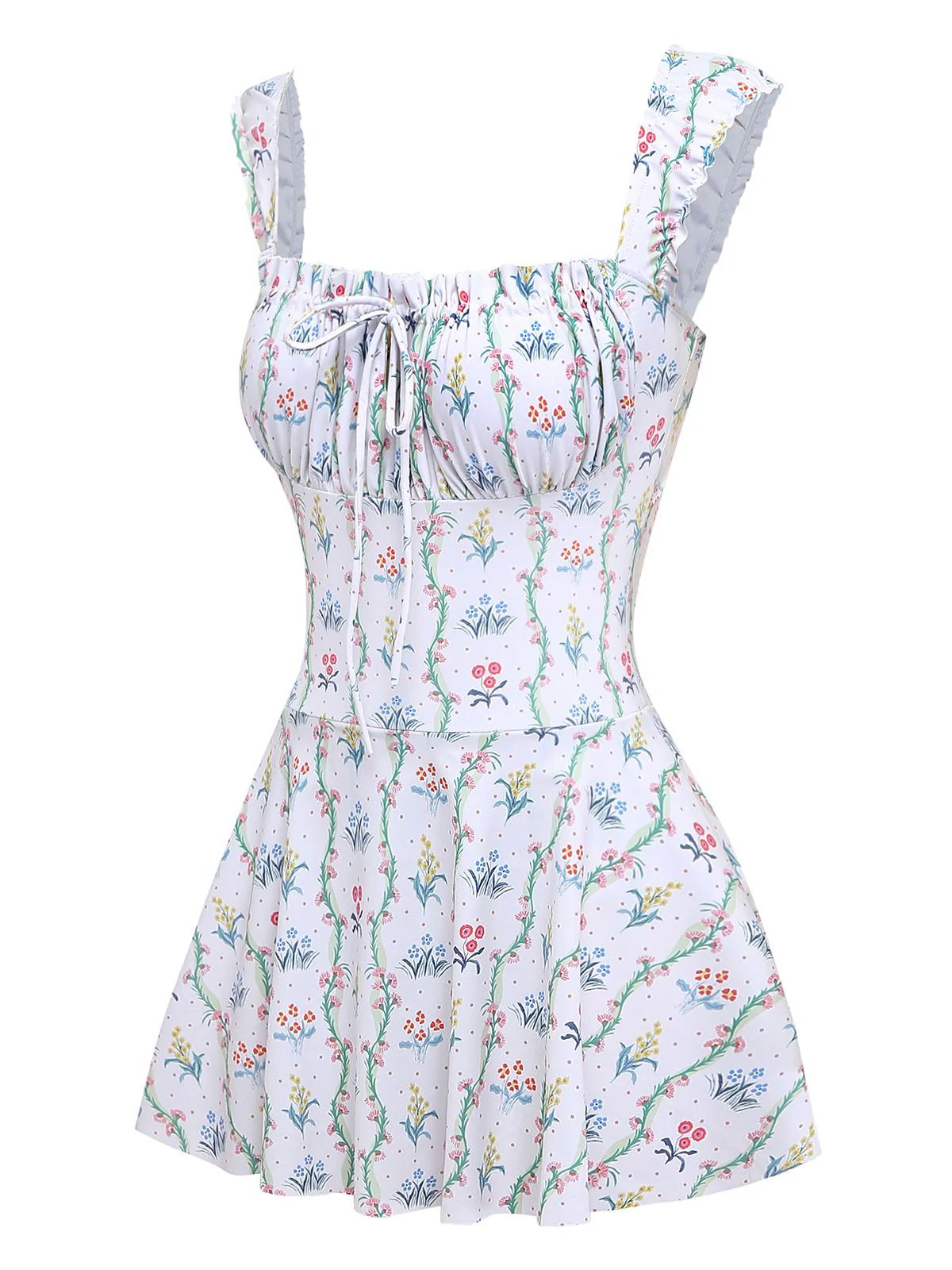 White 1970s Floral Ruffle Cap-Sleeve Square-Neck Swimdress - Image 3