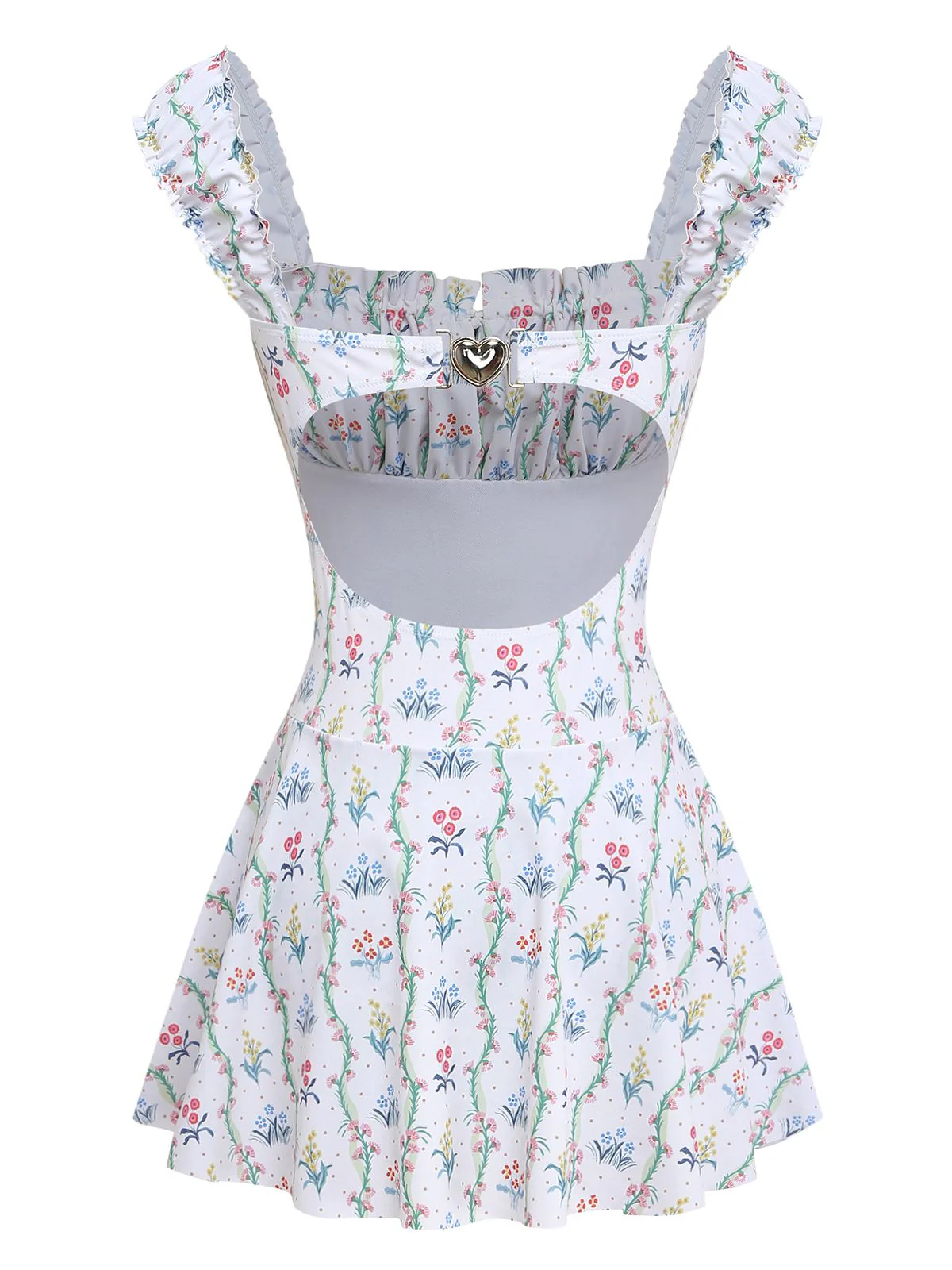 White 1970s Floral Ruffle Cap-Sleeve Square-Neck Swimdress - Image 4