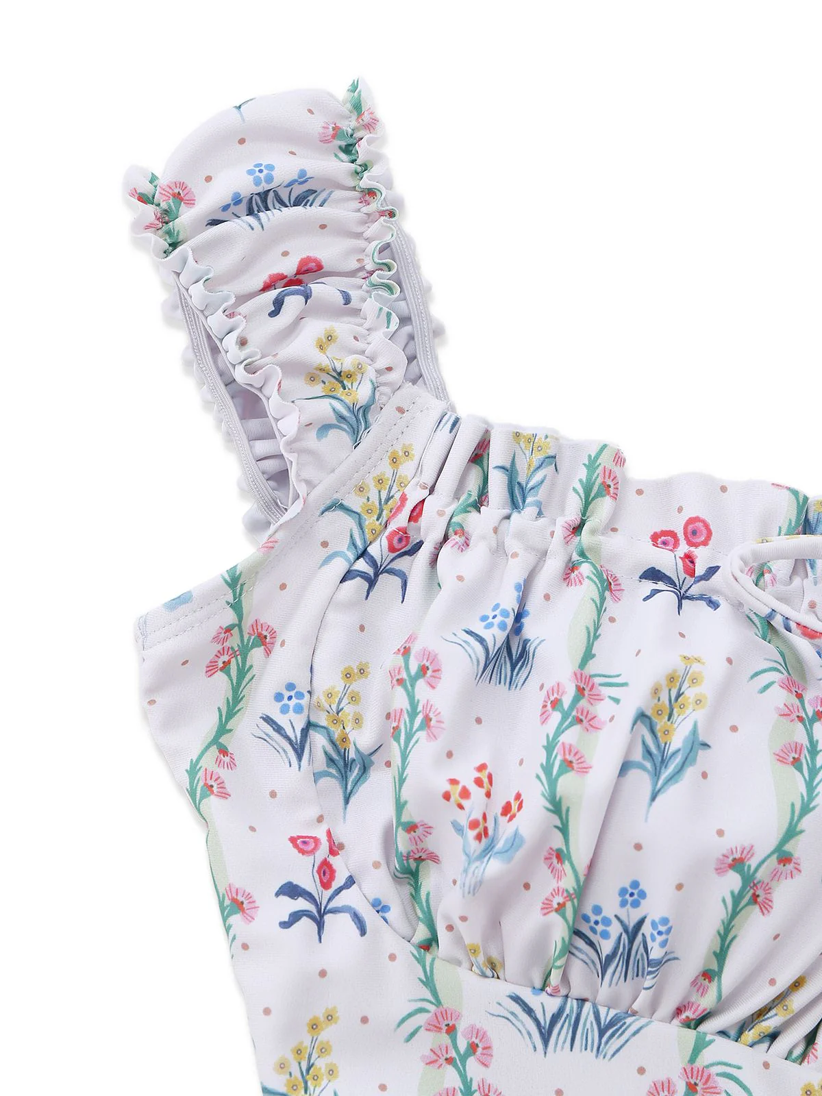 White 1970s Floral Ruffle Cap-Sleeve Square-Neck Swimdress - Image 5