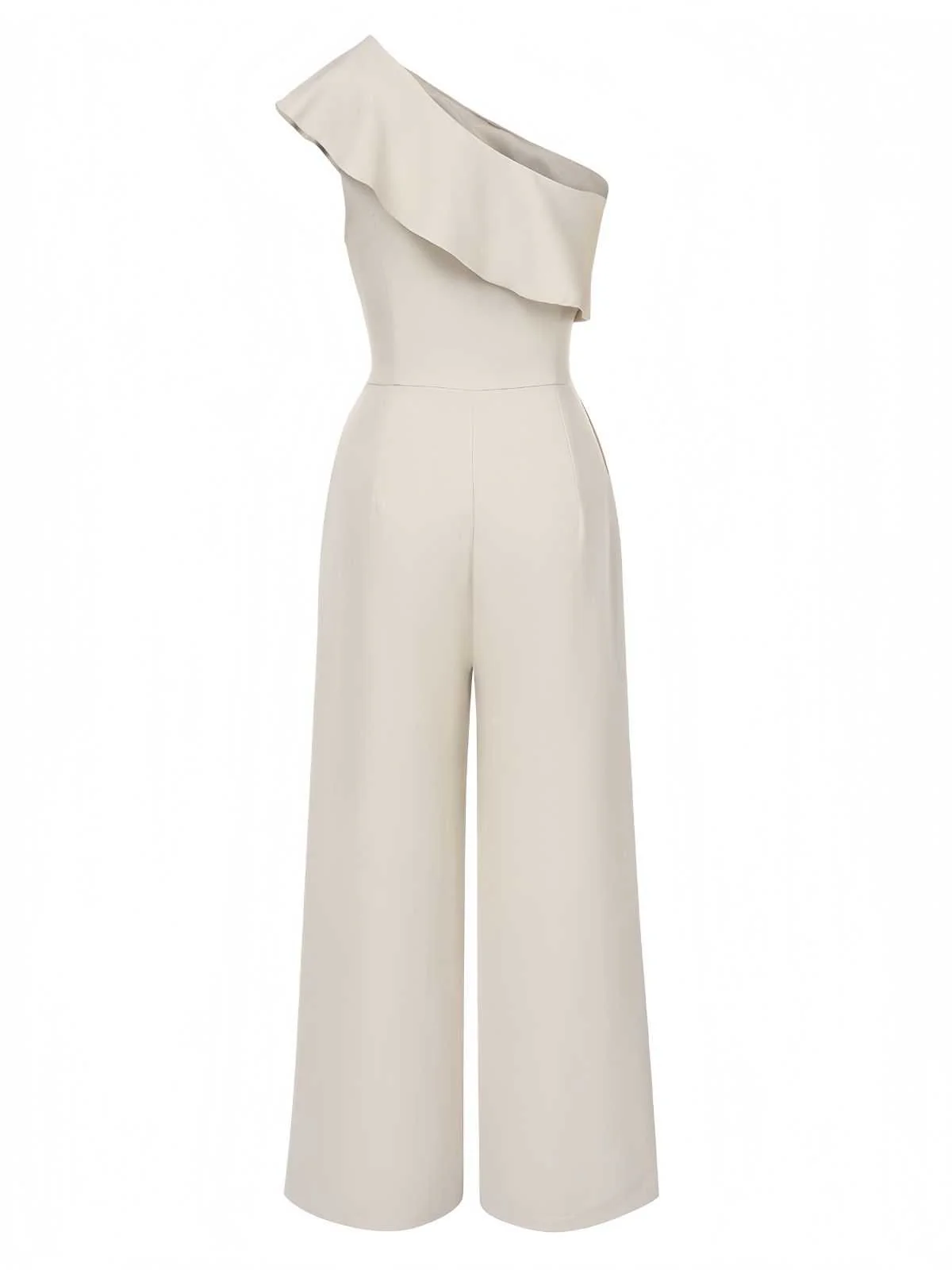 Beige 1970s One-Shoulder Tiered Ruffles Jumpsuit - Image 2