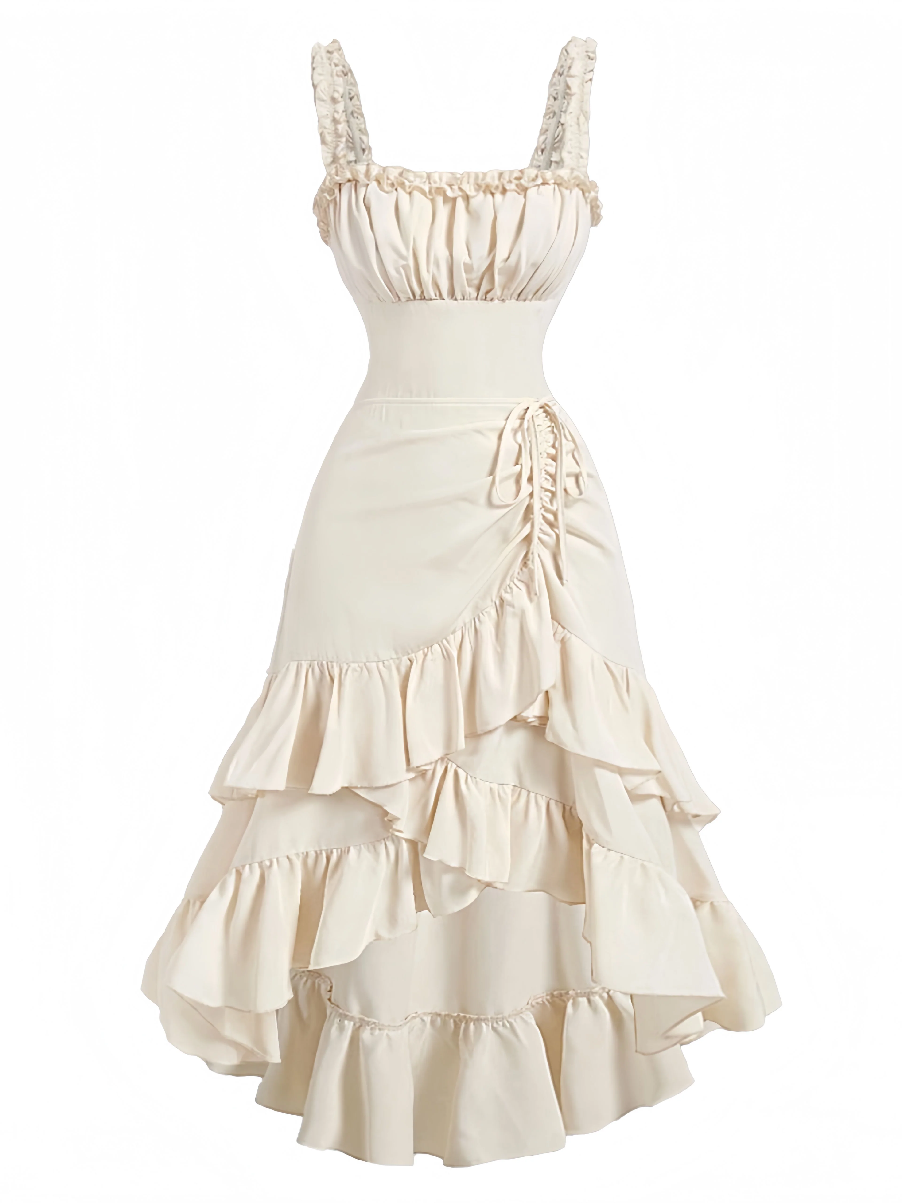 Beige 1980s Solid Ruffled Hem Suspender Dress - Image 2