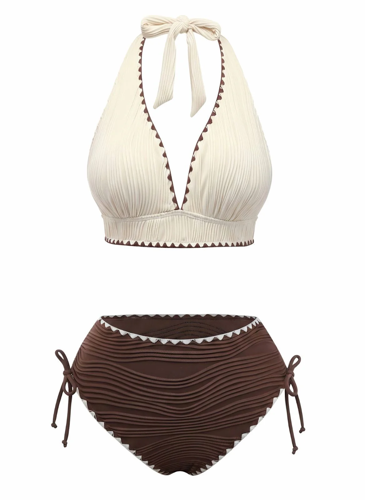 Beige Brown 1950s Halter High-Waist Ribbed Bikini Set - Image 2
