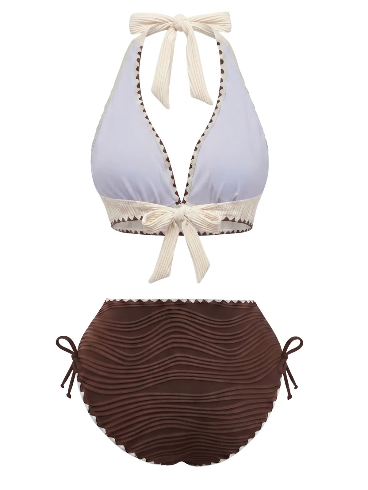 Beige Brown 1950s Halter High-Waist Ribbed Bikini Set - Image 3