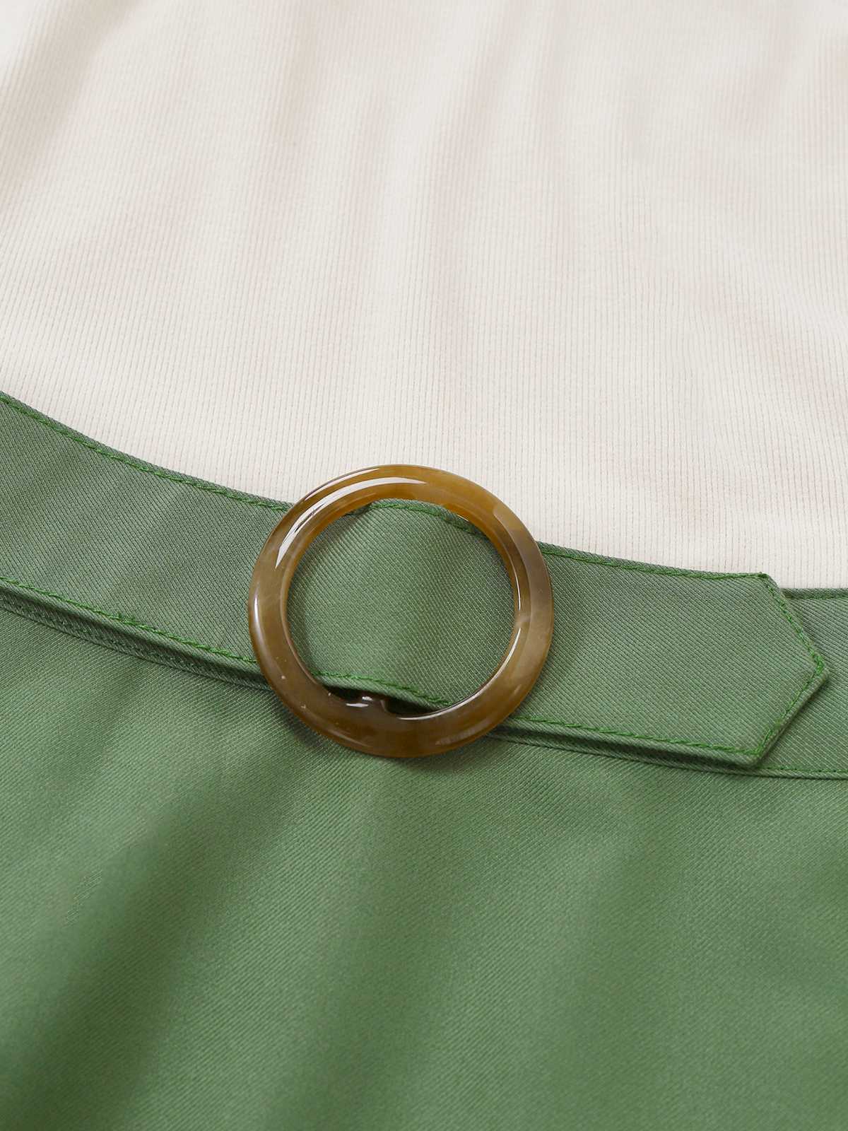 Beige & Green 1950s Knit Off-Shoulder Pleated Dress - Image 7