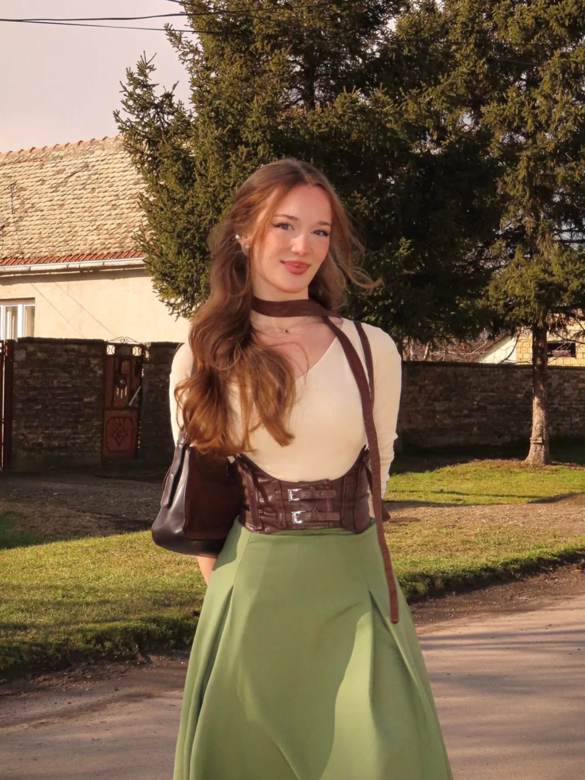 Beige & Green 1950s Knit Off-Shoulder Pleated Dress - Image 2