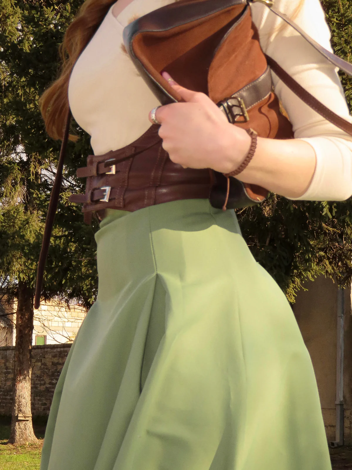 Beige & Green 1950s Knit Off-Shoulder Pleated Dress - Image 4