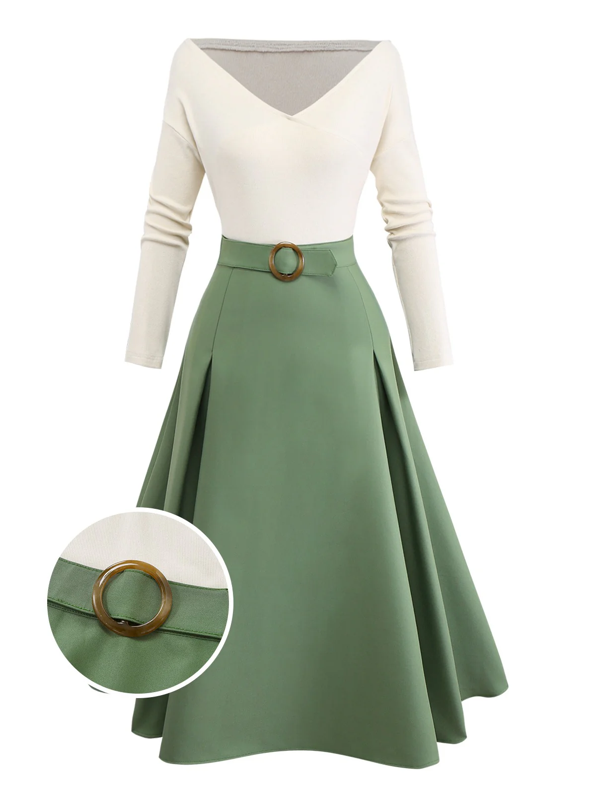 Beige & Green 1950s Knit Off-Shoulder Pleated Dress - Image 2