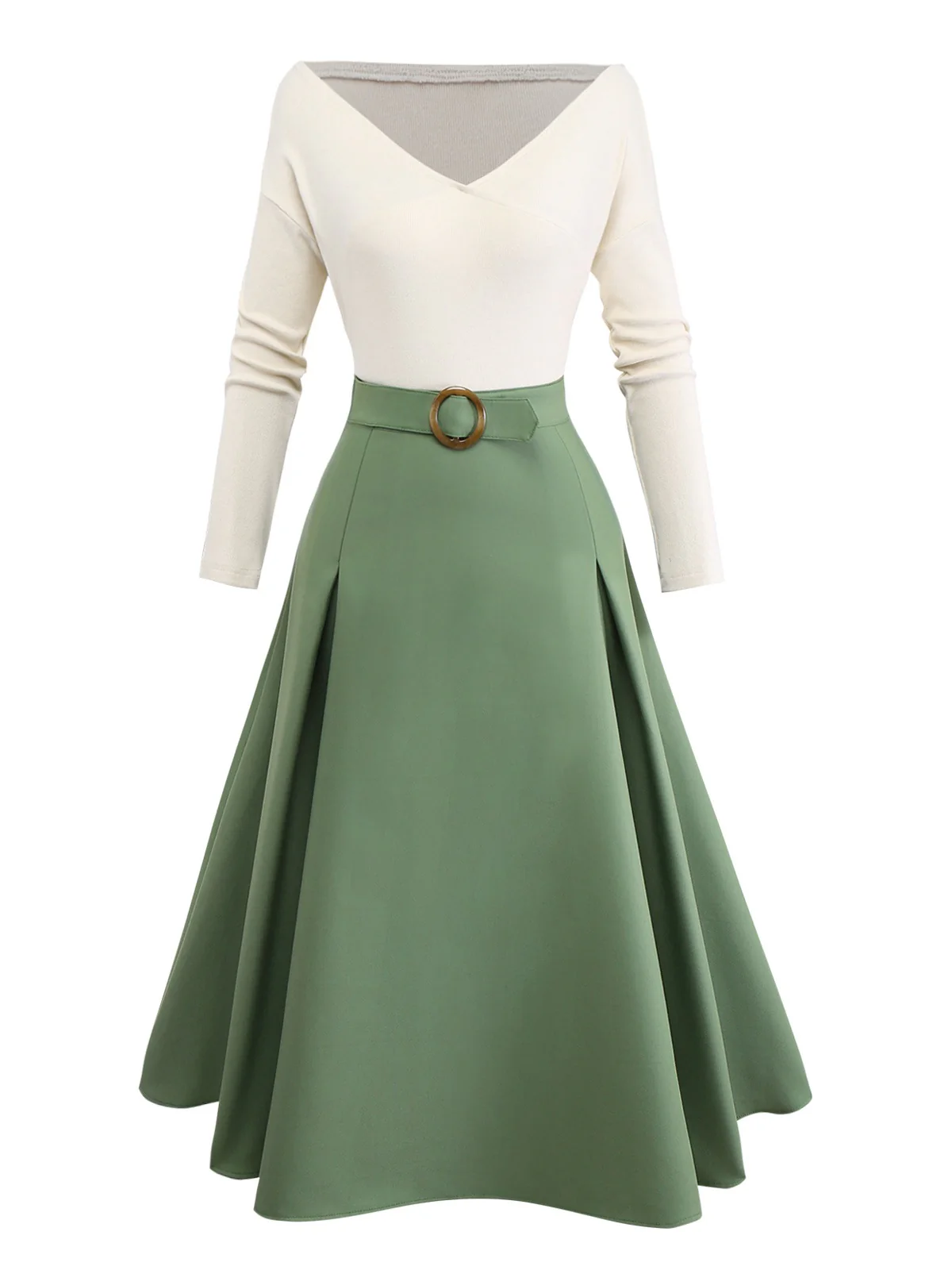 Beige & Green 1950s Knit Off-Shoulder Pleated Dress - Image 3