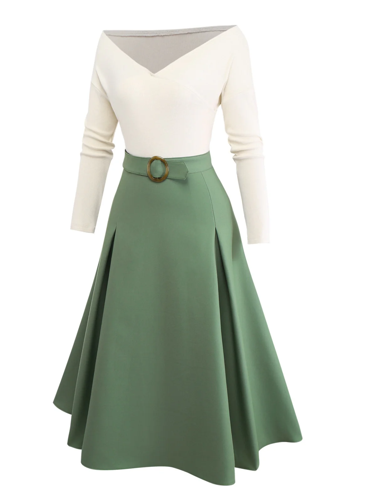 Beige & Green 1950s Knit Off-Shoulder Pleated Dress - Image 4
