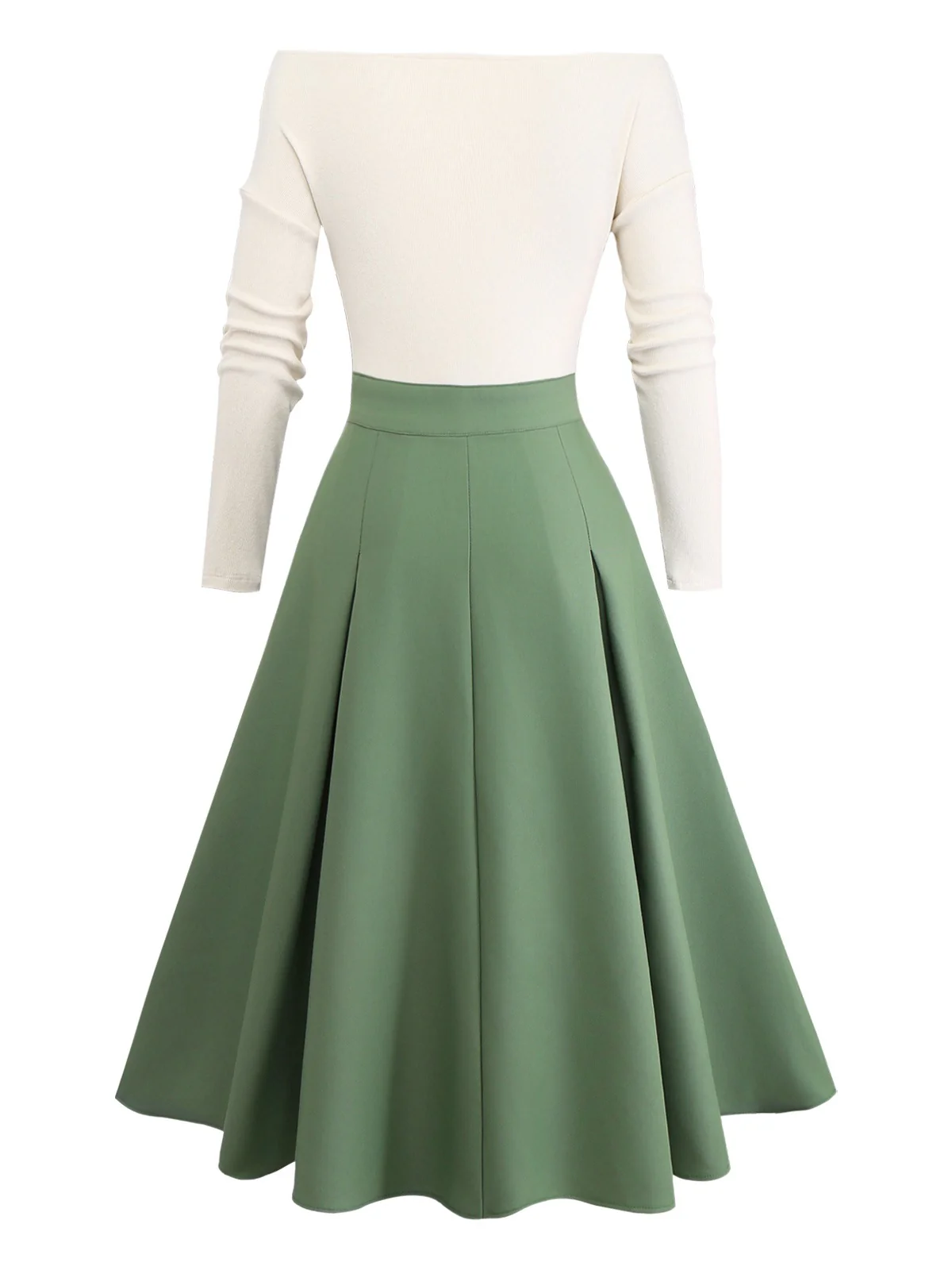 Beige & Green 1950s Knit Off-Shoulder Pleated Dress - Image 5