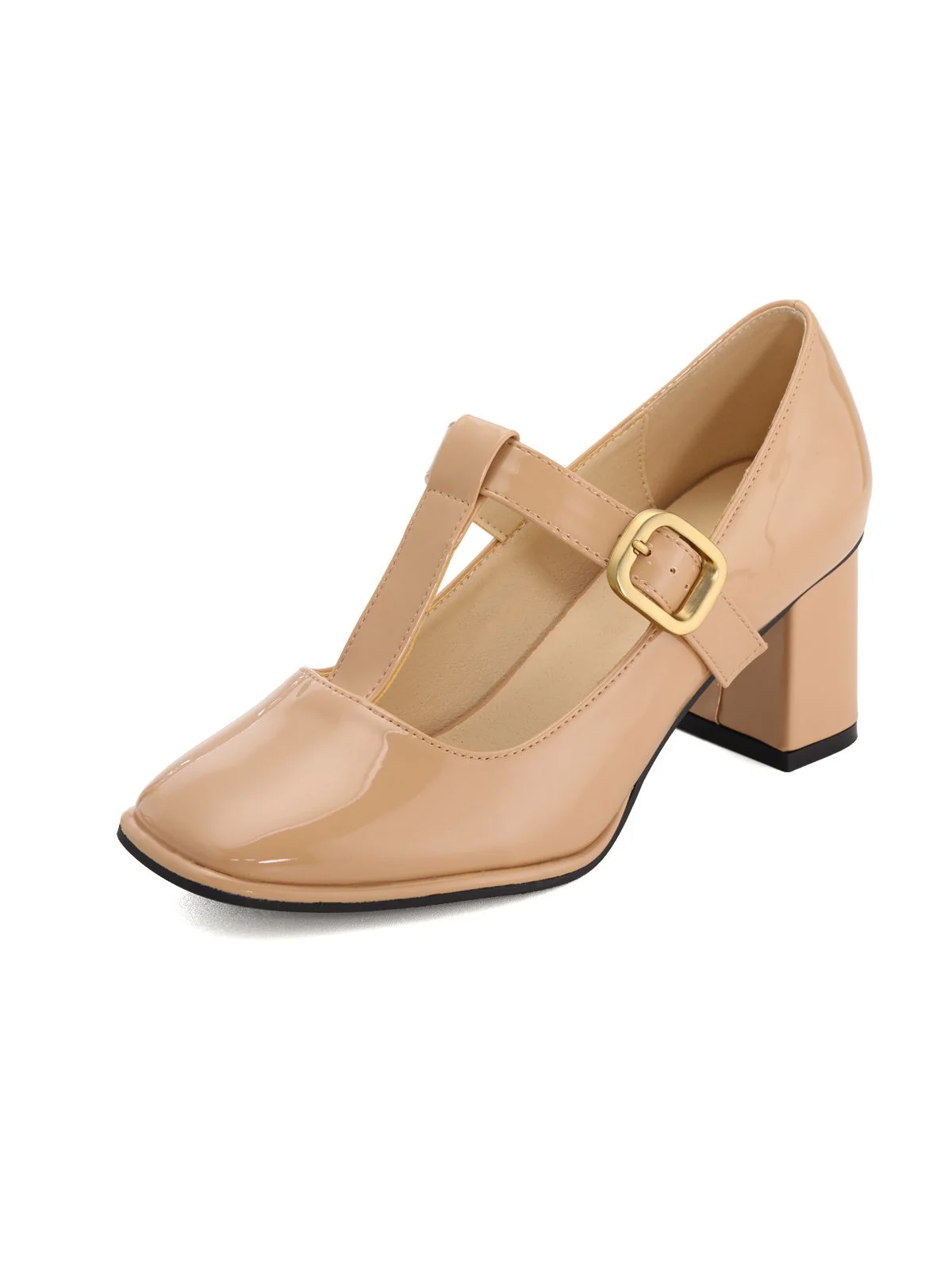 Beige Patent Leather Mary Jane Block Heel Shoes - Image 3