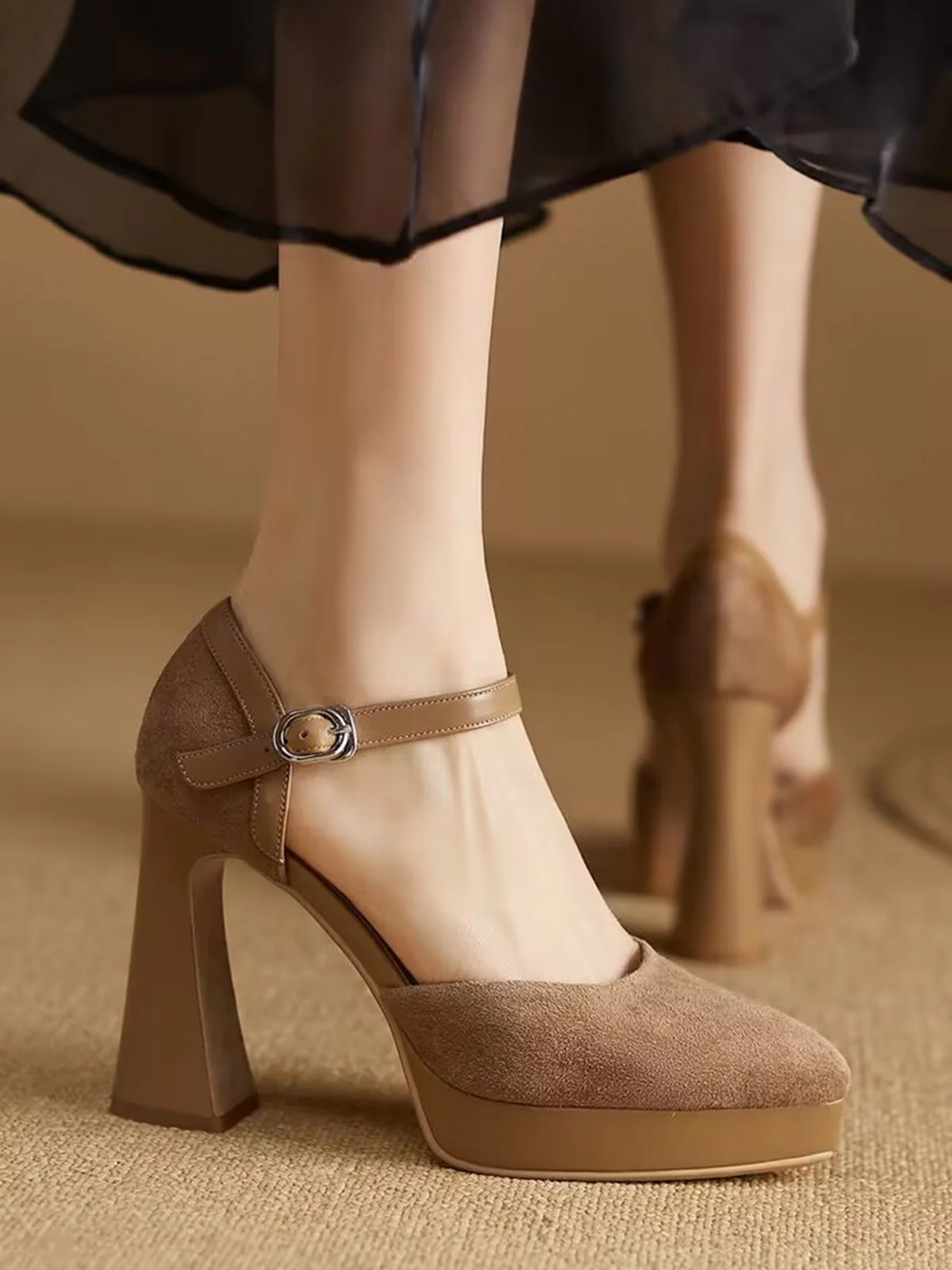 Beige Suede Pointed High Heel Shoes - Image 2