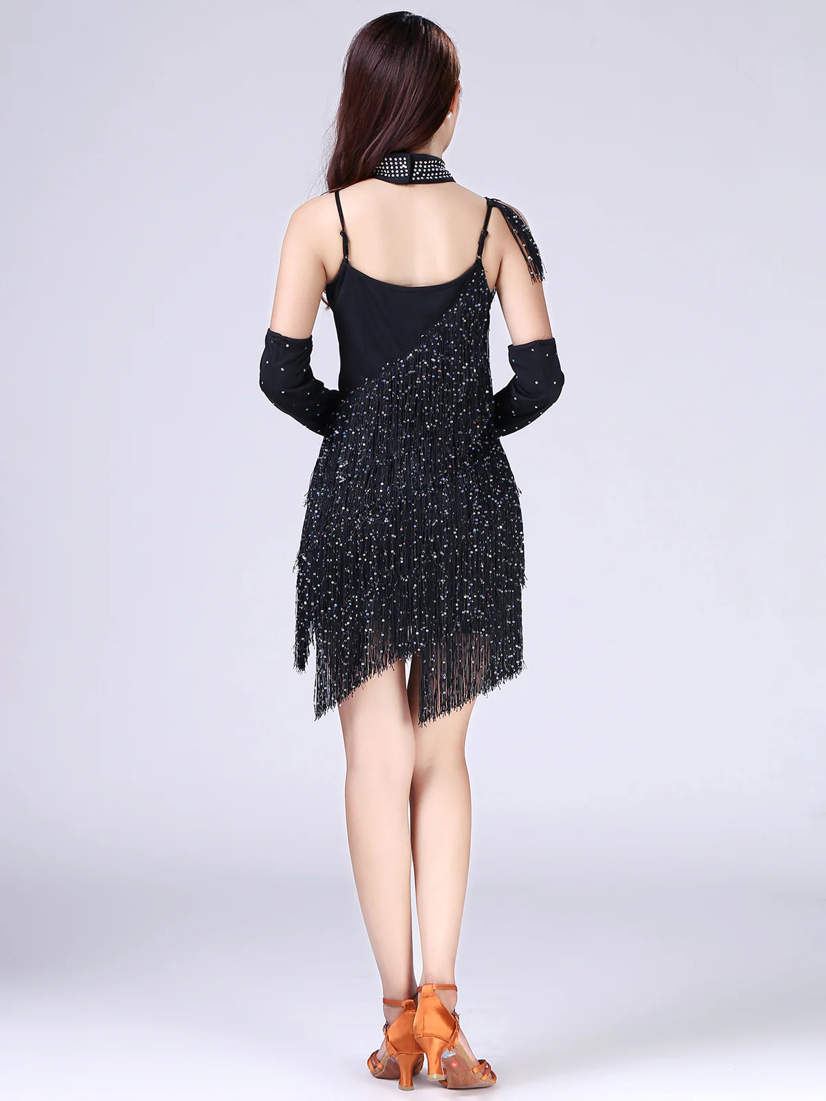 Black 1920s Beading Fringed Hem Dress With Sleeves - Image 4