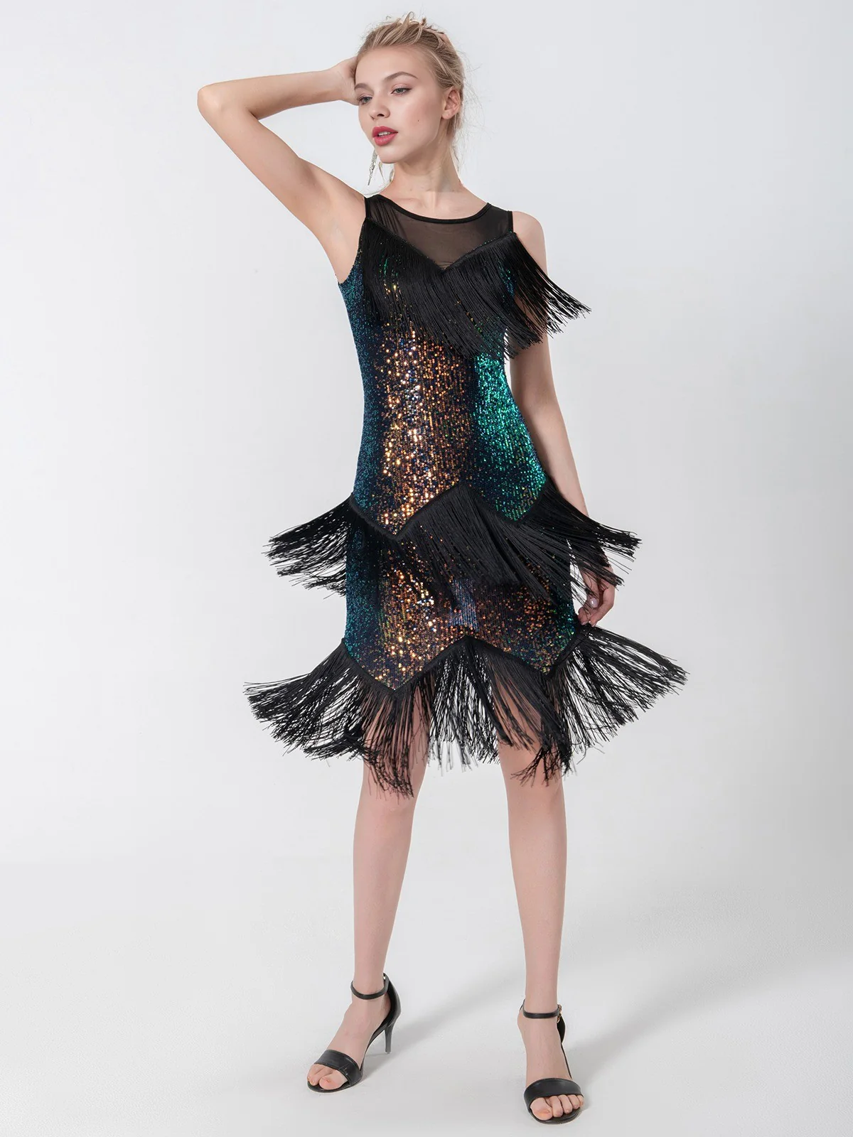 Black 1920s Beading Sleeveless Fringed Hem Dress - Image 2