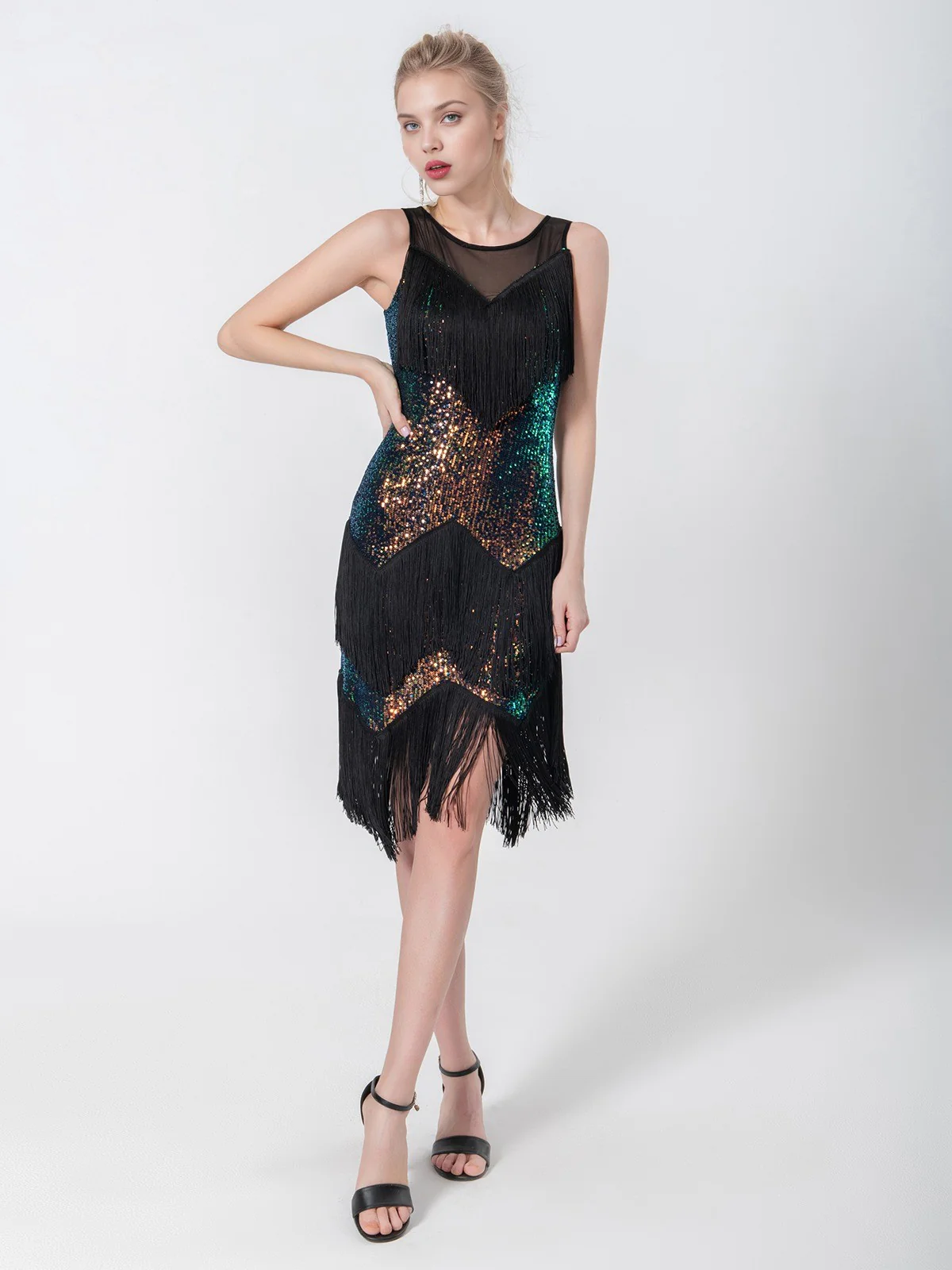 Black 1920s Beading Sleeveless Fringed Hem Dress - Image 3