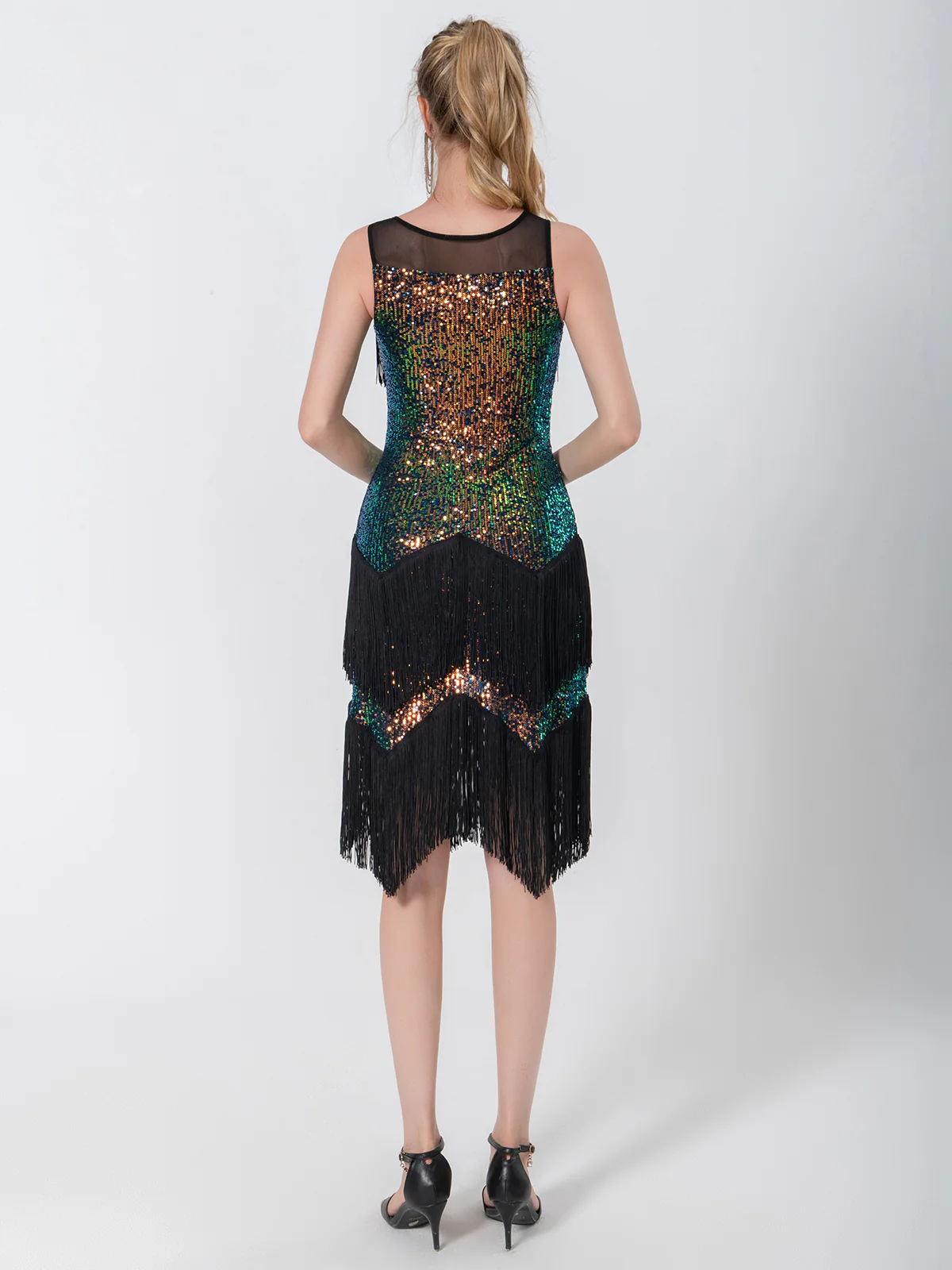 Black 1920s Beading Sleeveless Fringed Hem Dress - Image 4