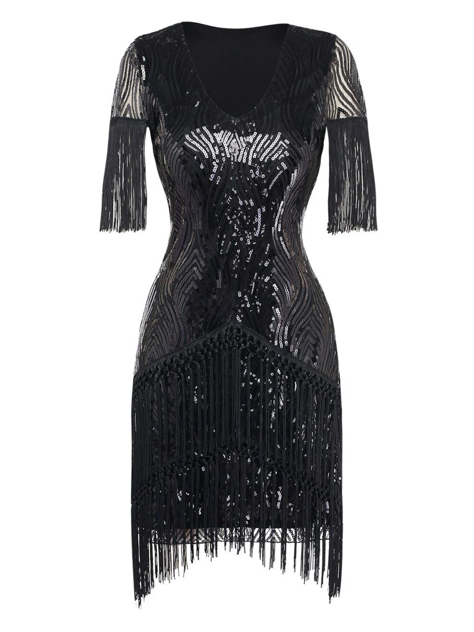 Black 1920s Flapper Tassel Fringe Great Gatsby Sequin Dress - Image 2